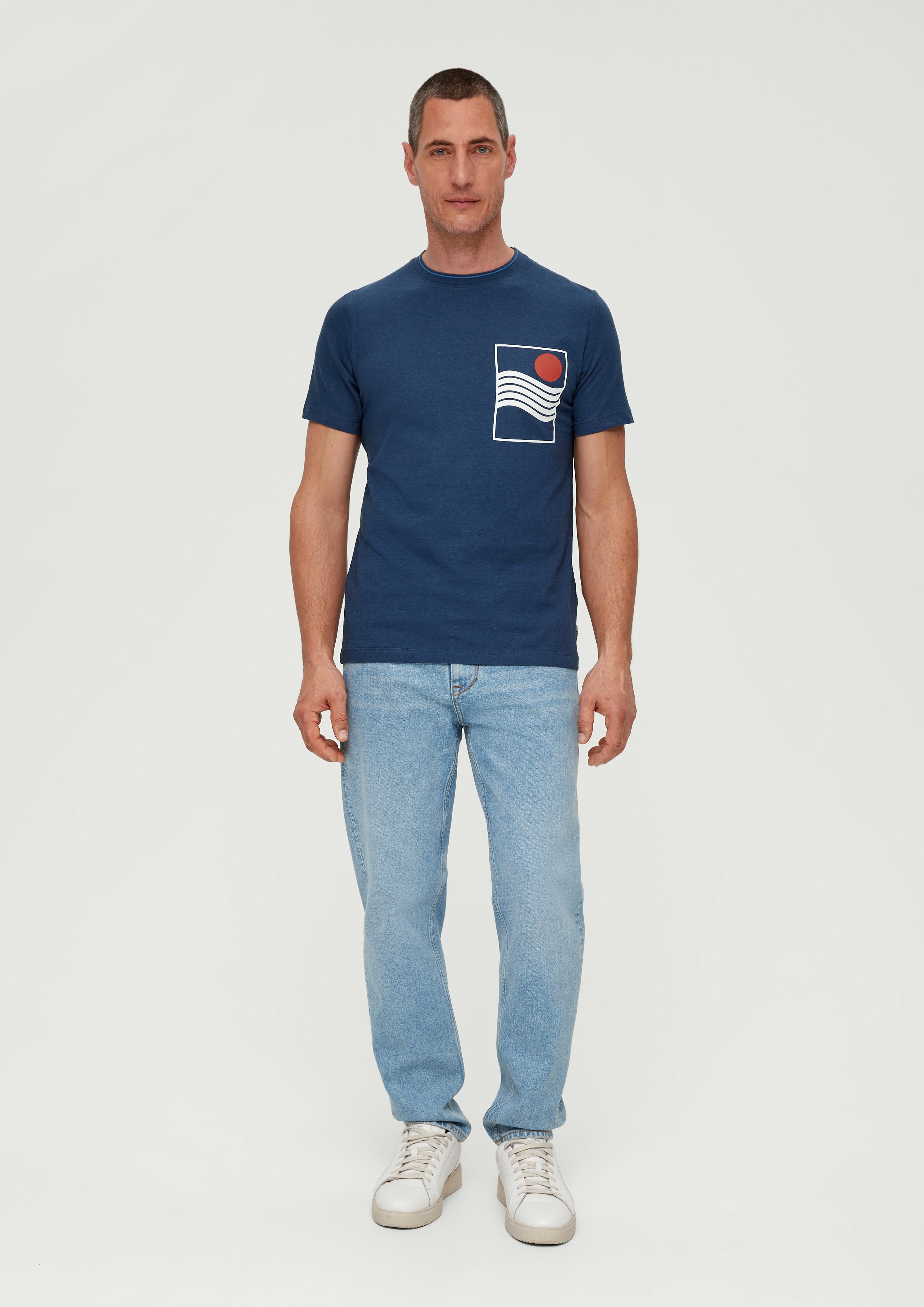 tiefblau s.Oliver Leinenmix Kurzarmshirt aus Artwork T-Shirt
