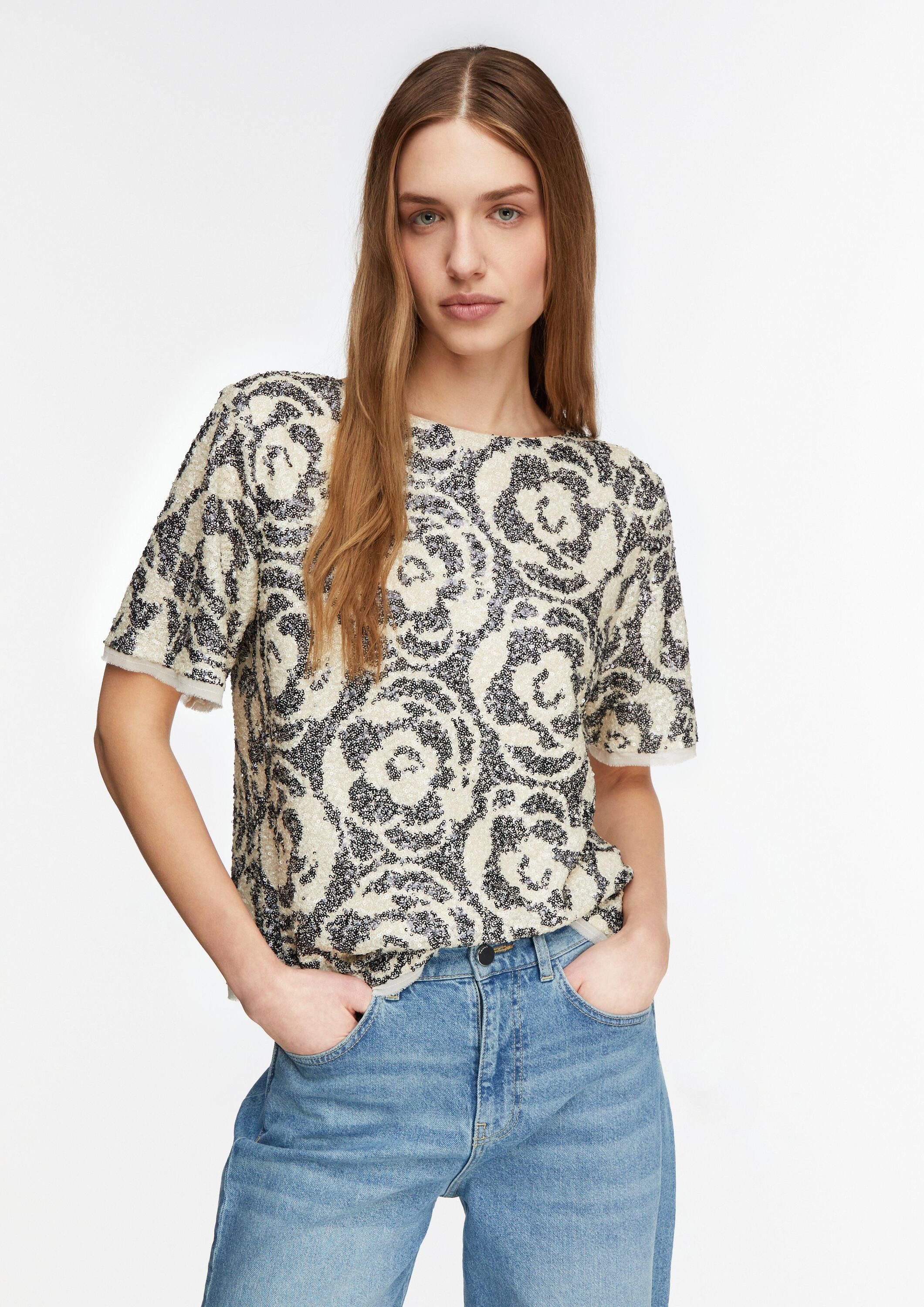 comma Kurzarmbluse Bluse Paillettenshirt im Relaxed Fit