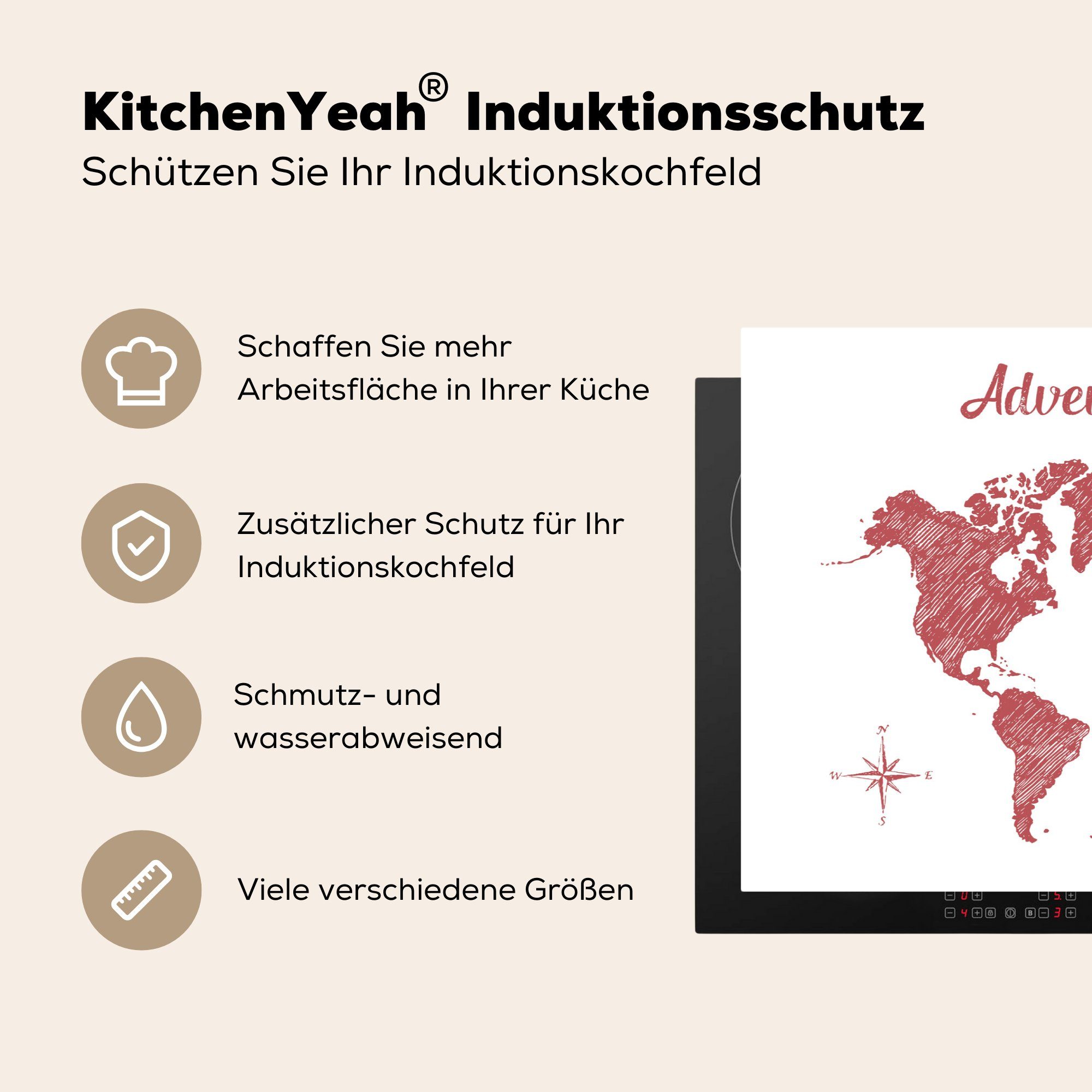 Schutz küche, MuchoWow cm, 81x52 Weltkarte Vinyl, Herdblende-/Abdeckplatte Rot für die Induktionskochfeld Ceranfeldabdeckung - (1 tlg), - Zitat,