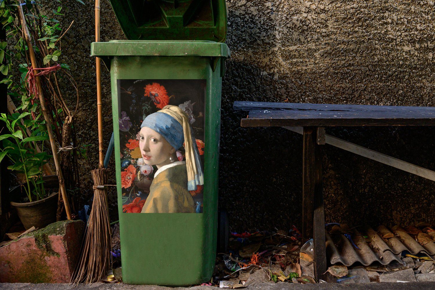MuchoWow Wandsticker Das Blumen dem Mädchen Mülltonne, Perlenohrring Container, Vermeer Abfalbehälter (1 - Mülleimer-aufkleber, St), Sticker, - Johannes mit