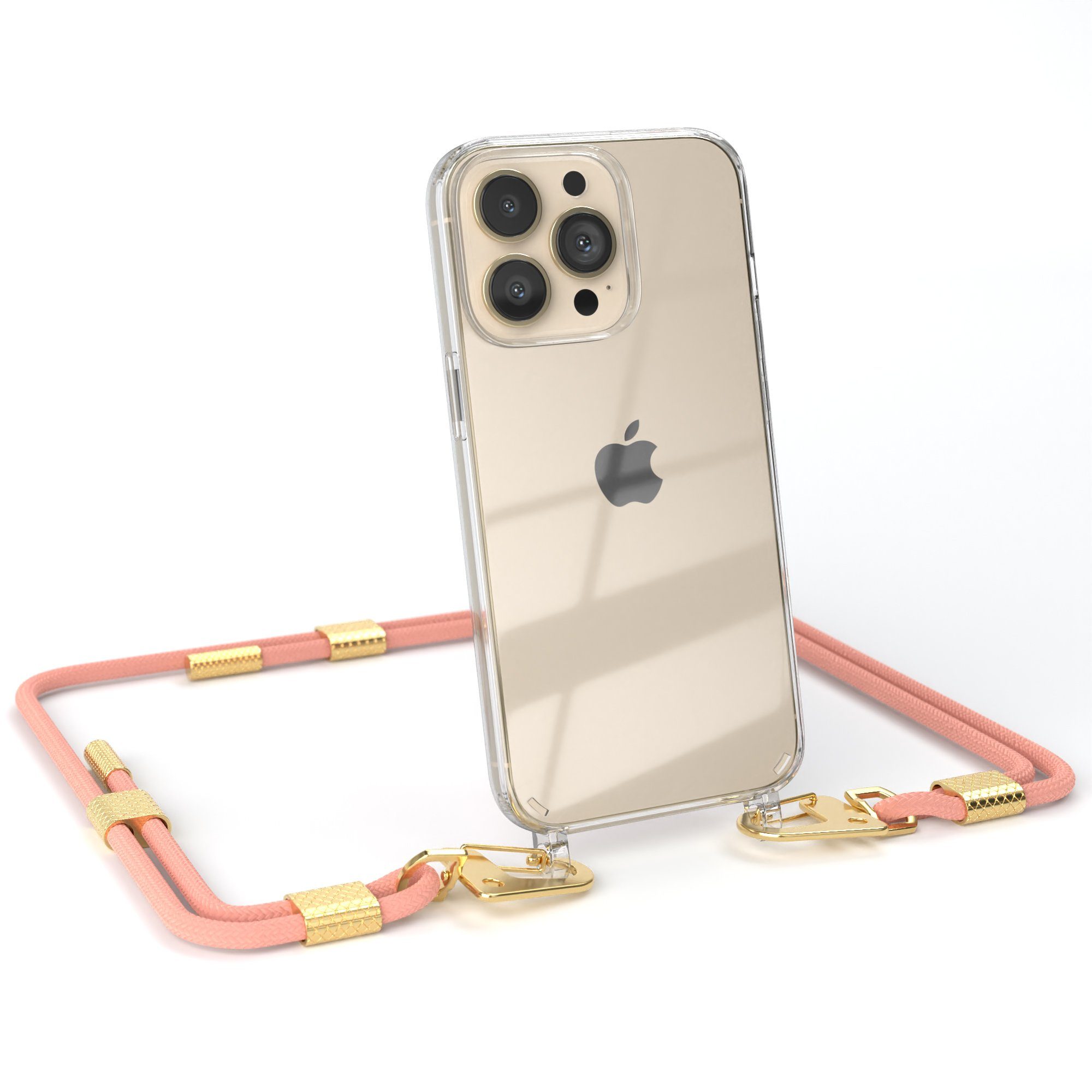 EAZY CASE Handykette Silikonhülle mit Kette für Apple iPhone 13 Pro 6,1 Zoll, Handytasche durchsichtige Silikon Hülle mit Umhängeband Altrosa Coral