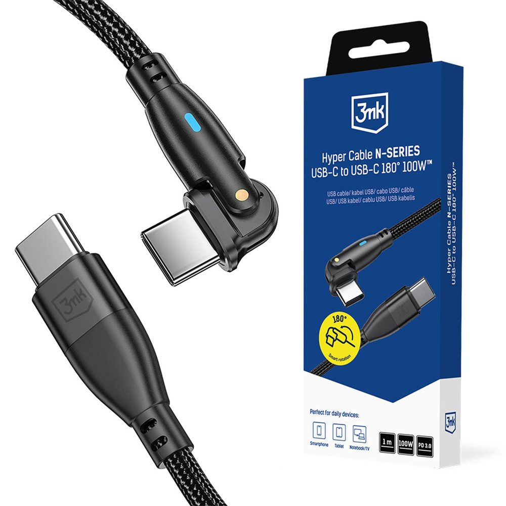 3MK Ladekabel Datenkabel Schnellladekabel USB-Kabel, USB-C, USB-C (100.0 cm), 60 W Power Delivery, Nylongeflecht, 3 m