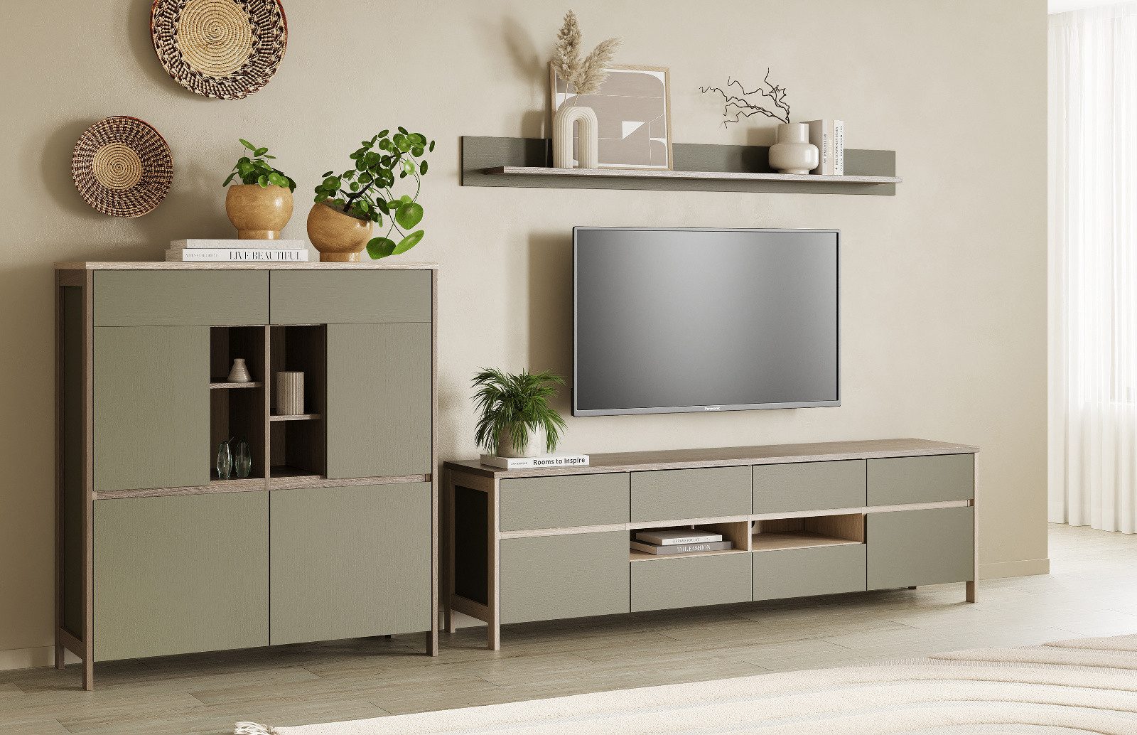 Furn.Design Wohnwand Finnes, (Schrankwand in Salbei mit Skandi Eiche, 3-teilig, 320 x 170 cm), mit viel Stauraum und Soft-Close-Funktion
