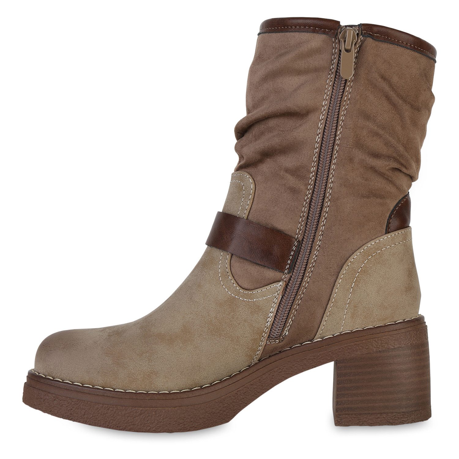 VAN HILL 841800 Bikerboots Damen Biker Boots Stiefeletten Schnallen Holzopt günstig online kaufen