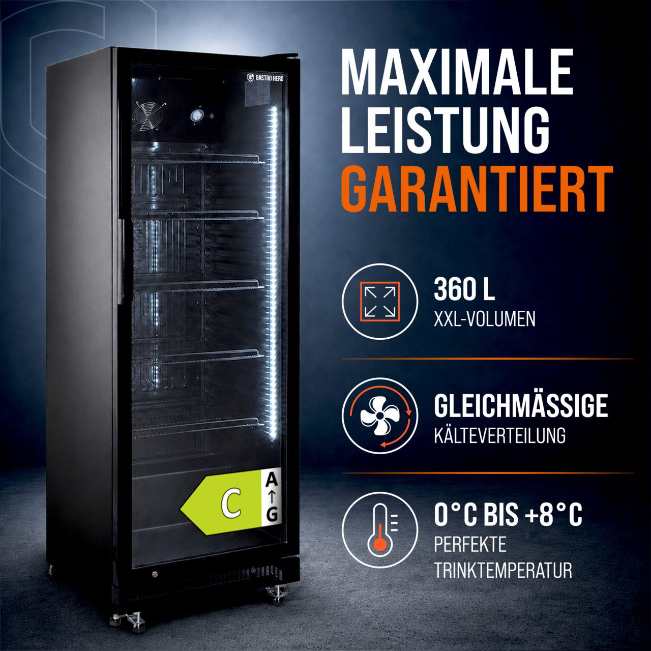 GastroHero Getränkekühlschrank Flaschenkühlschrank 360 L, Glastür & LED, abschließbar schwarz GKS-360, 175.6 cm hoch, 62 cm breit, selbstschließender Isolierglastür, schwarz
