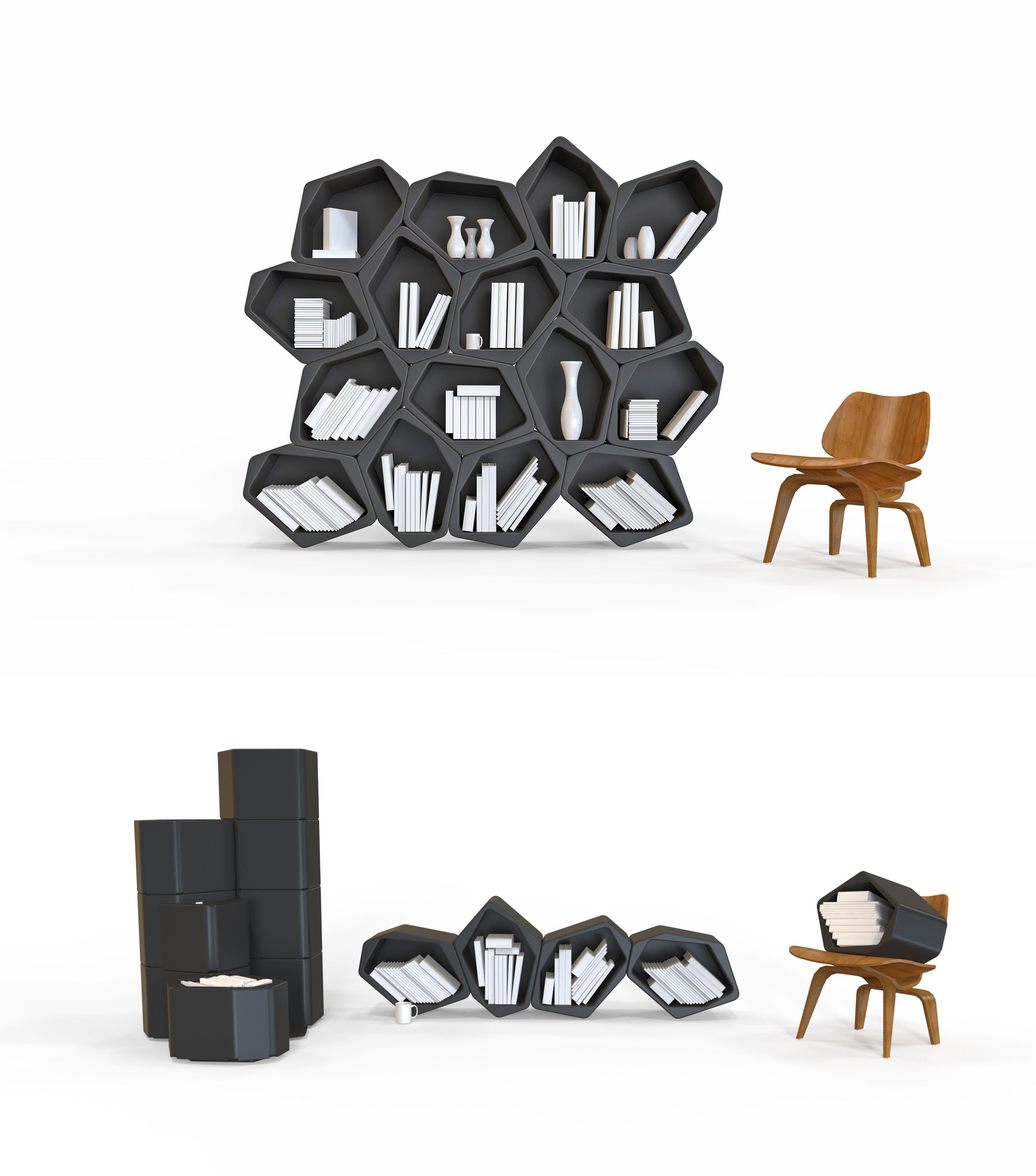 & Hängeregal recyclebar Modulares schadstofffrei Wandregal Wabenregal Regalsystem, BUILD 100% Schwarz 6-er Bücherregal MOVISI Set, modular,