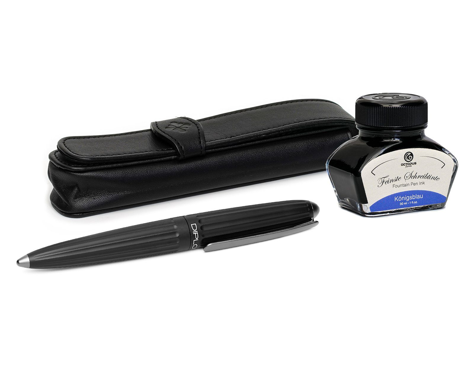 DIPLOMAT Füllhalter Füllhalter Set Diplomat Aero schwarz mit Lederetui und Tinte, Stärke M, (Komplett-Set mit Tintenkonverter, Schreibtinte Königsblau von Octopus Fluids und Lederetui), MADE IN GERMANY