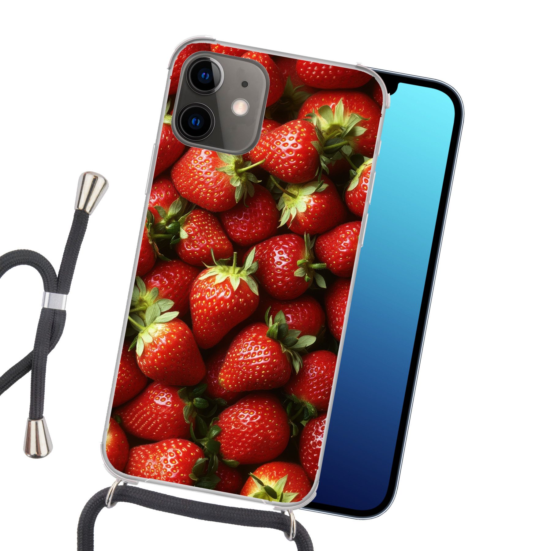 MuchoWow Handyhülle für Apple iPhone 11 Erdbeere - Obst - Rot, Tragbare Handyhüllen mit Kette zum umhängen, Handykette Handyband