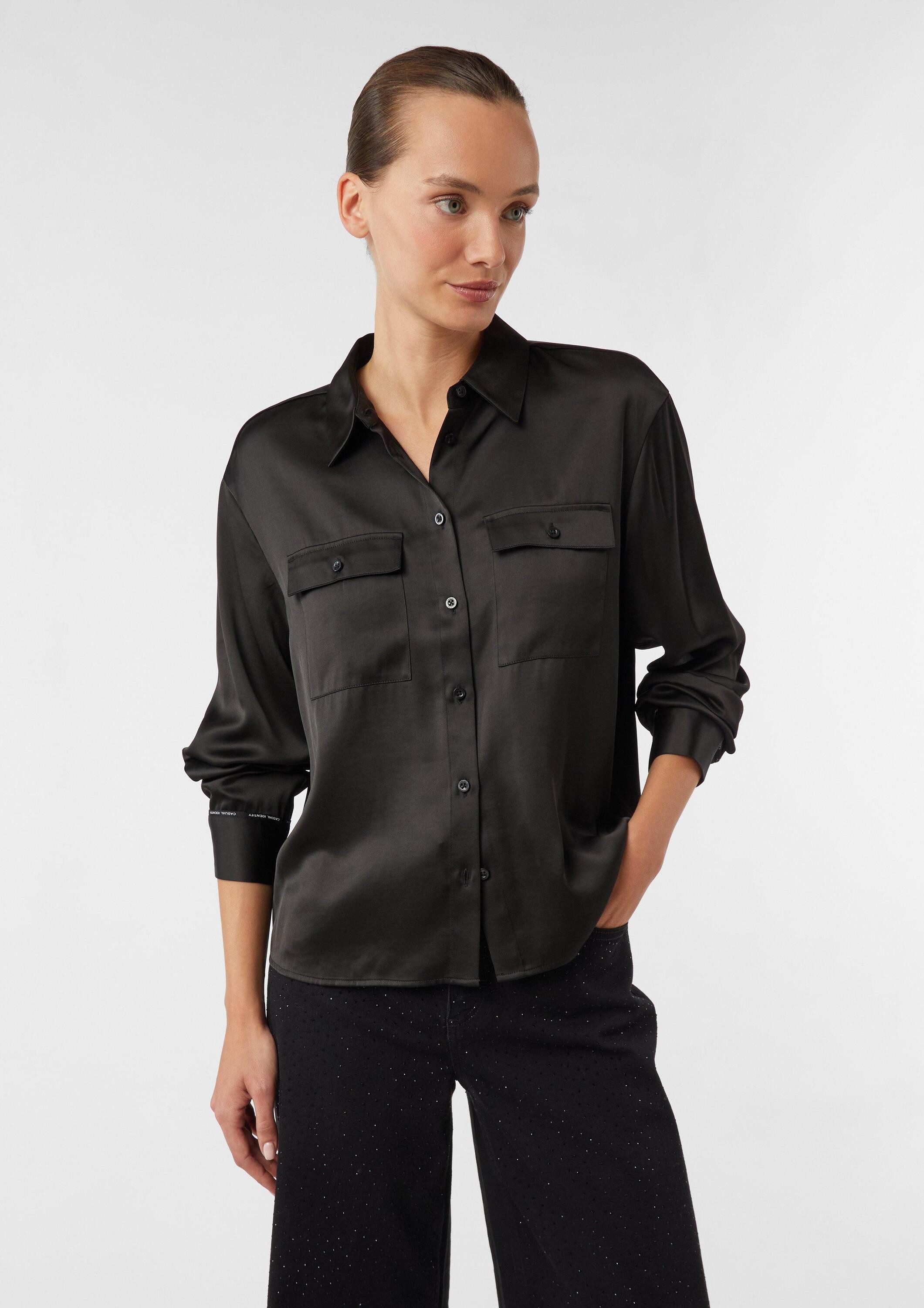 comma Langarmbluse Bluse Verkürzte Satinbluse mit aufgesetzten Brusttaschen