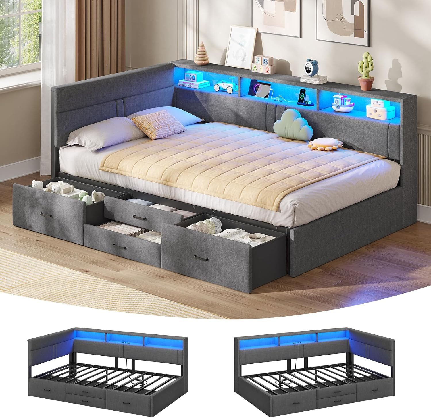 MSMASK Polsterbett Schlafsofa mit LED-Beleuchtung & Ladestation, Einzelbett, Daybett (Ohne Matratze), Jugendbett mit 4 Schubladen, ohne Matratze, 90x200 cm