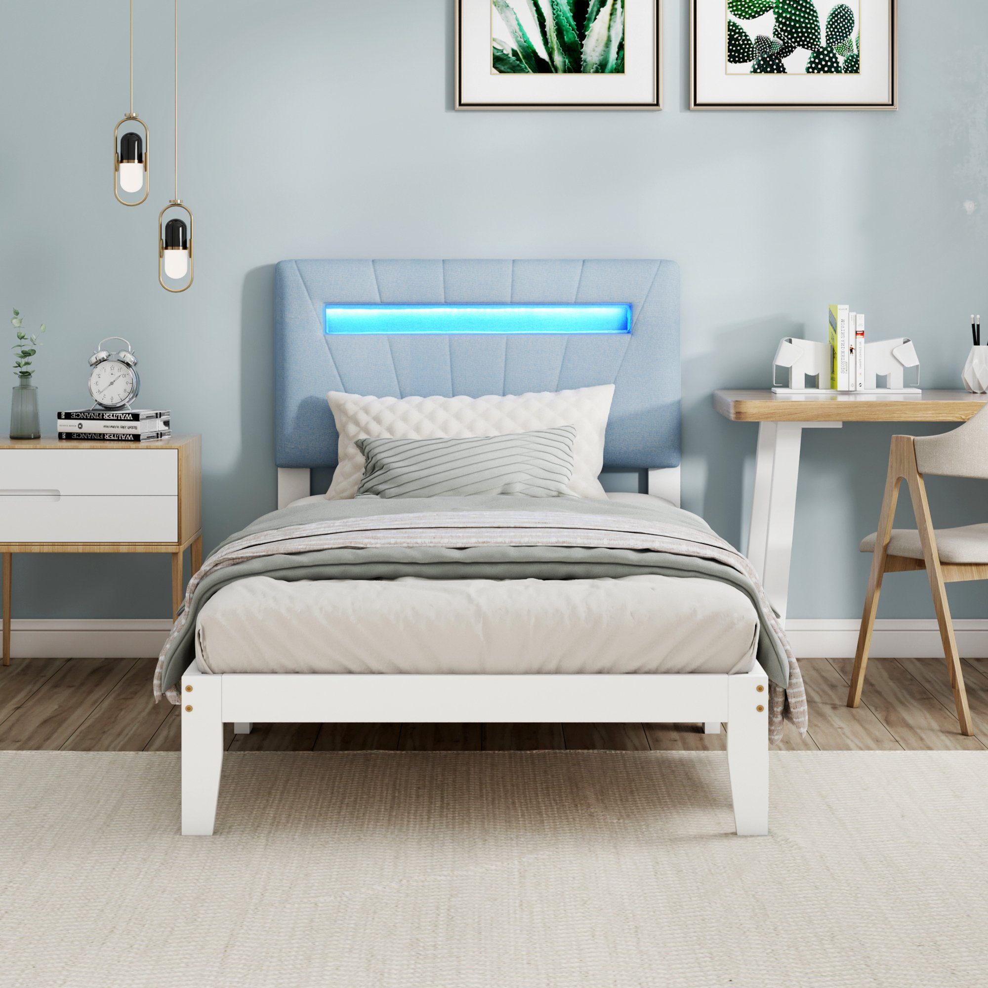Massivholzbett (Einzelbett Jugendbett), mit LED-Beleuchtung & Polsterkopfteil, 90x200cm