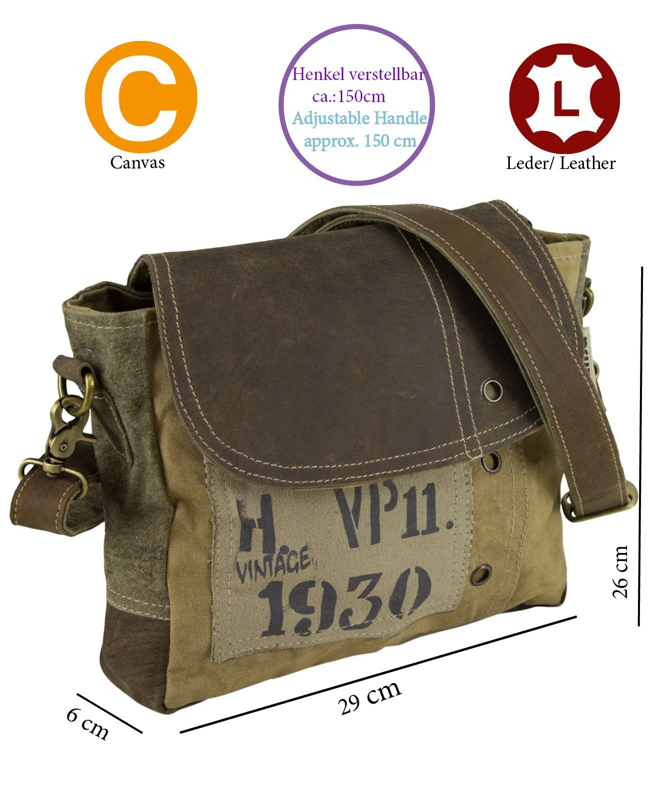 Canvas Klappe. Tasche abnehmbarer Leder Schulterriemen 51679, Umhängetasche Sie/ mit kleine Ledr Tasche Messenger Vintage für Umhängetasche. Mini Echt Sunsa Ihn