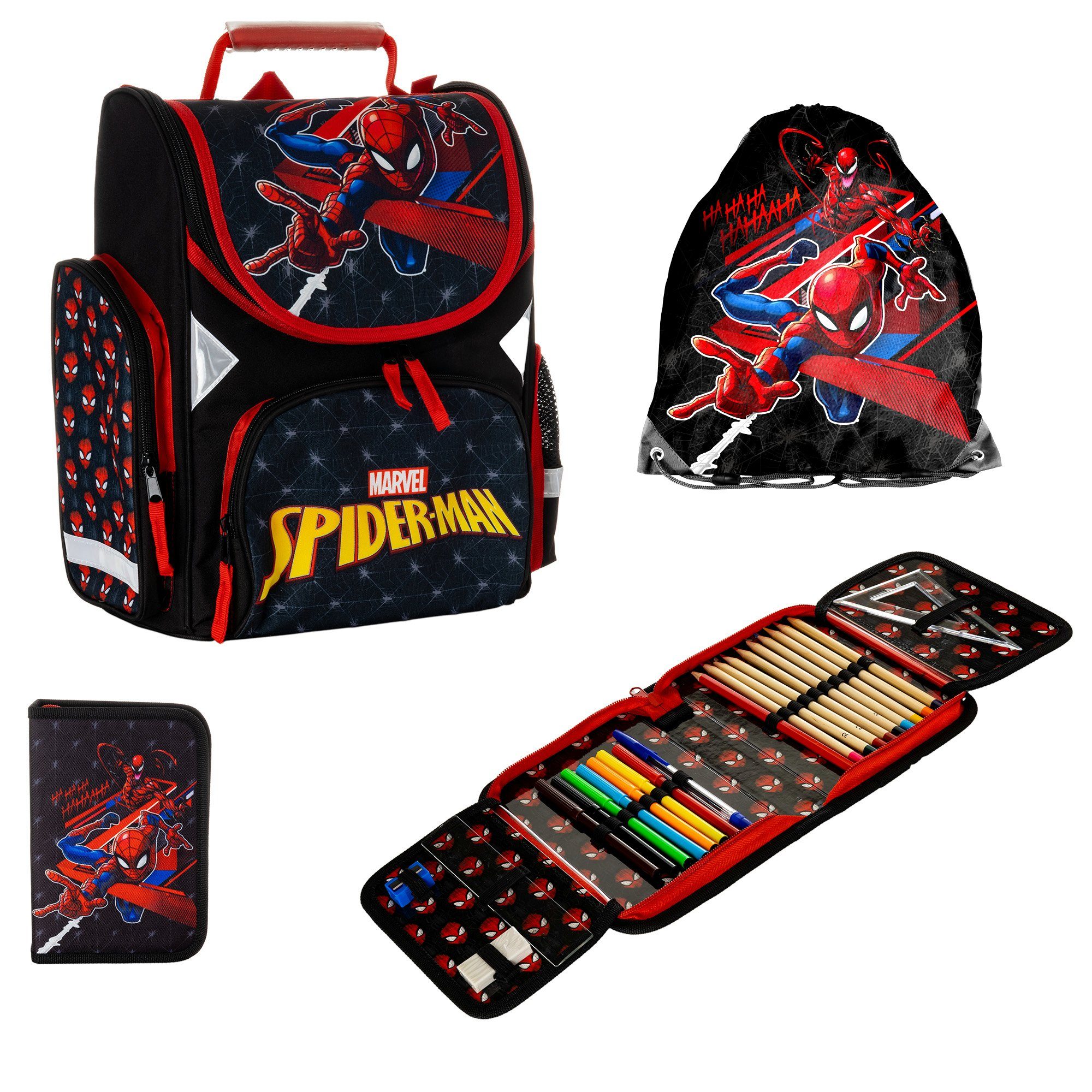 PASO Schulranzen mit Faulenzer Federmappe & Portemonnaie (3-Tlg), Spider-Man - blau, schwarz