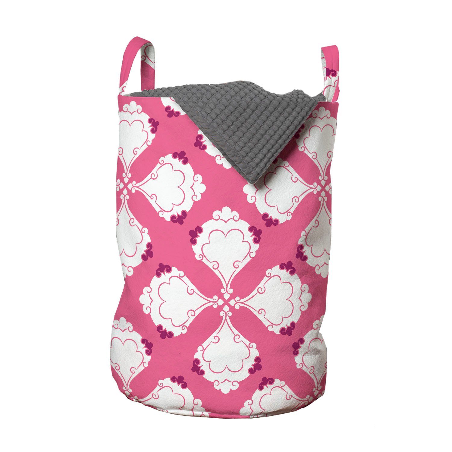 Abakuhaus Wäschesäckchen Wäschekorb mit Griffen Kordelzugverschluss für Waschsalons, Pink und Weiß Kurven und Blumen