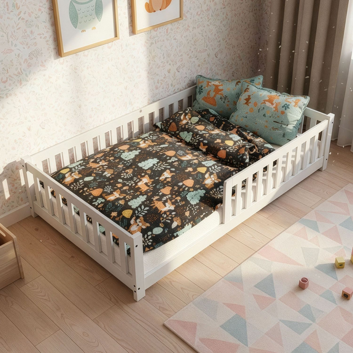Juskys Kinderbett Naya, 120x200 cm Bodenbett aus Holz, mit Rausfallschutz & Lattenrost