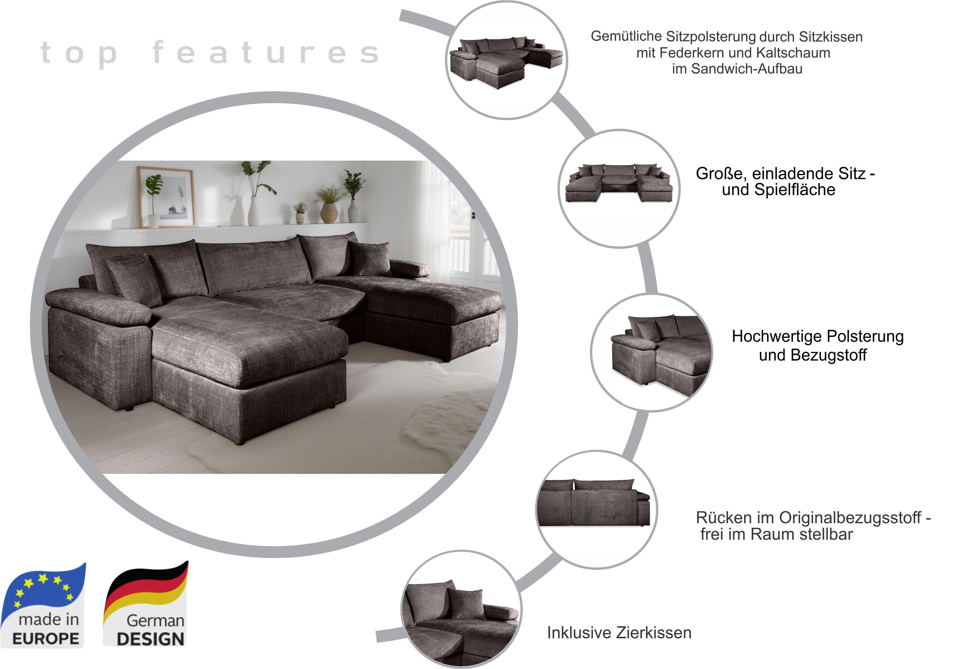 OTTO home Wohnlandschaft Cosy U-Form, B: 309 cm, Sitzaufbau im Sandwich-Federkern, 2 Zierkissen, Mega-Sofa, Cord oder Struktur weich, Kaltschaumauflage