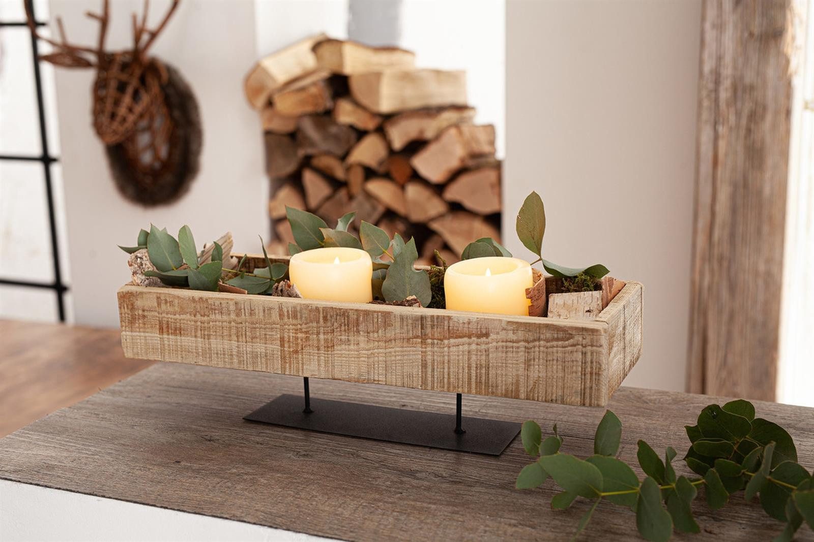 Dekoleidenschaft Dekoschale "Rustikal" im Used-Look – recyceltes Holz, Metallfuß, Kerzentablett, sichtbare Struktur & Farbabweichungen, Kerzenschale – Bild 4 von 5
