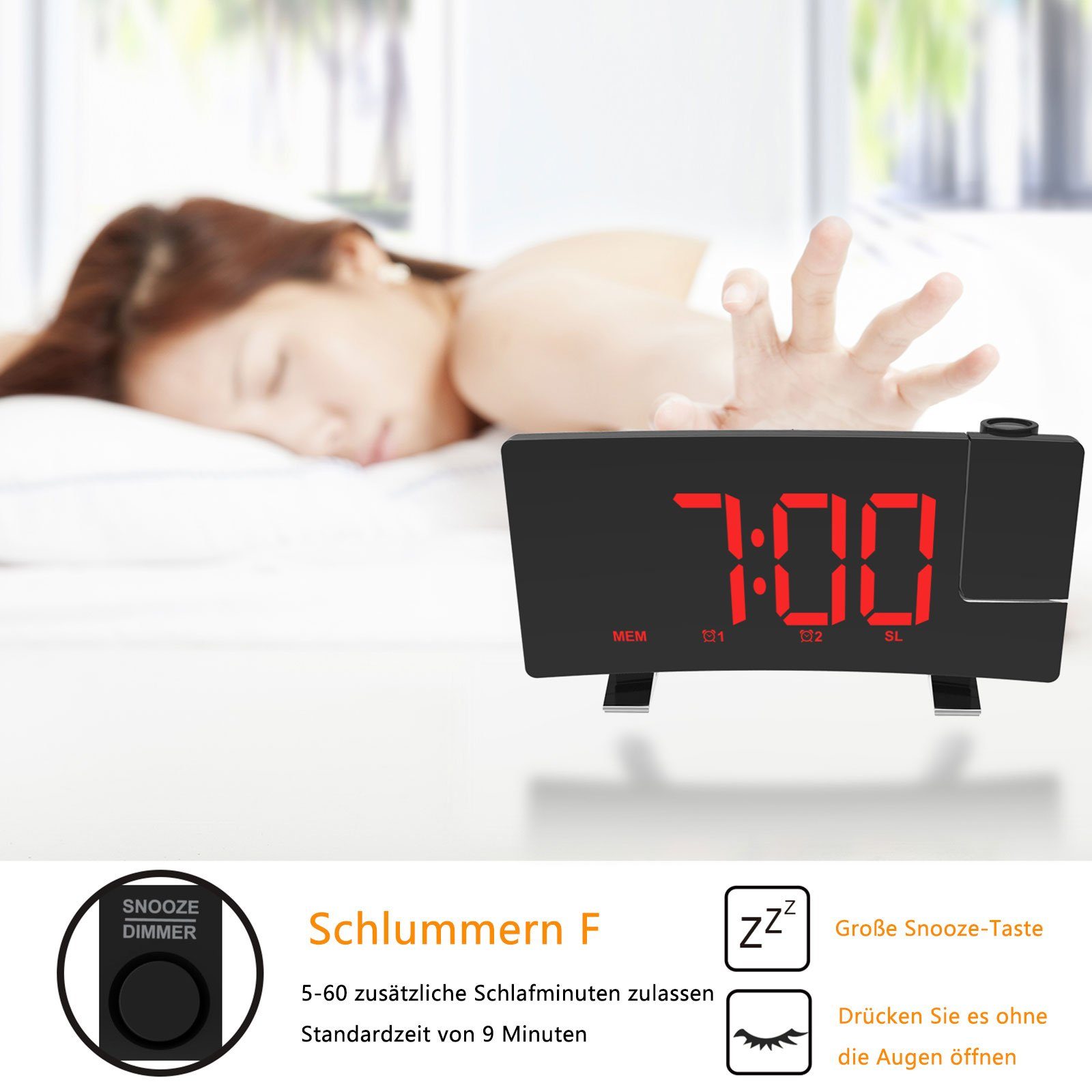 ° Schale 180 Radio Alarm OKWISH Schwarz 12/24H Radiowecker Rot ohne Projektion Farbe Digitalwecker Projektion Akku Digital Temperatur Wecker Ziffer LED-Alarm USB-Anschluss Projektionswecker LED