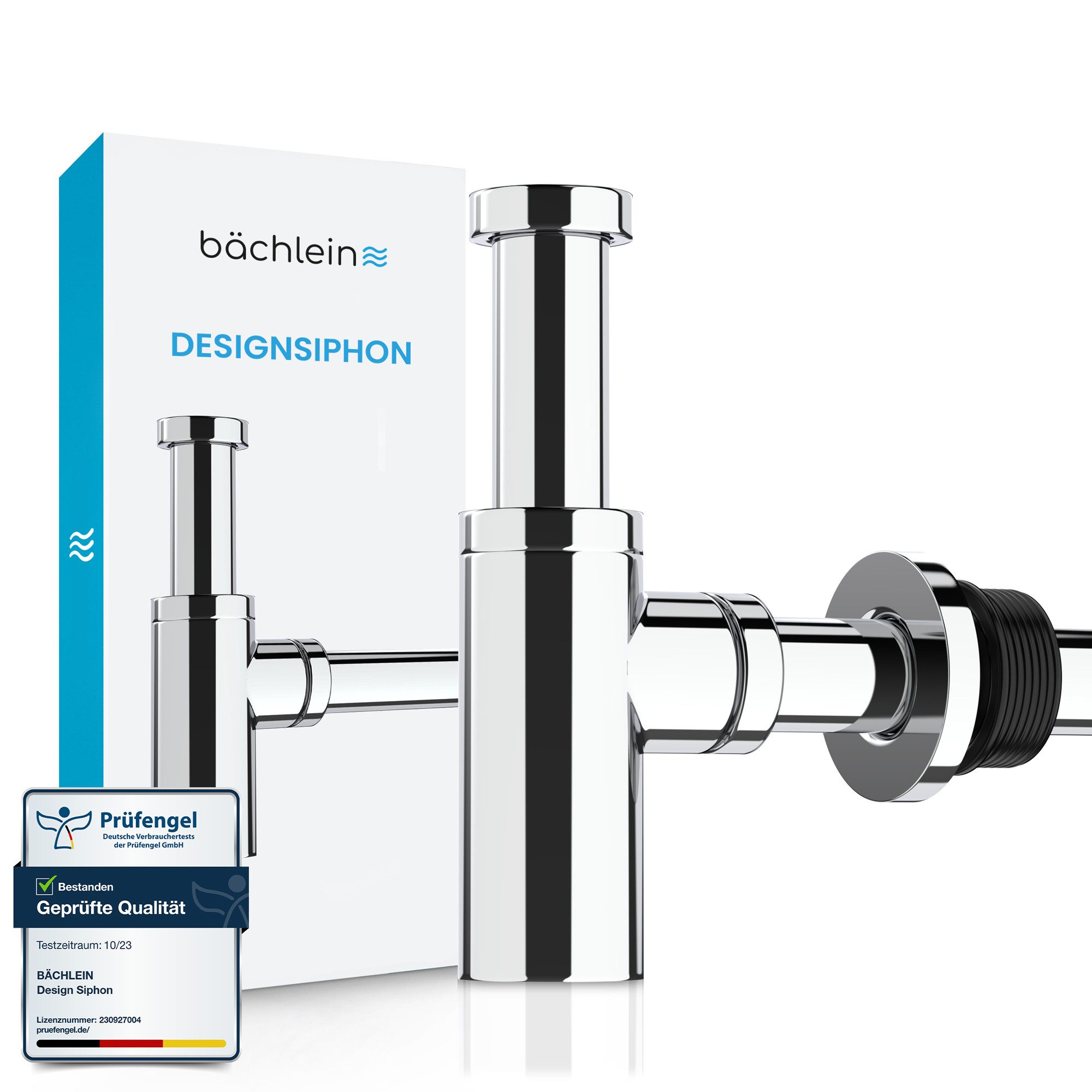 Bächlein Siphon Eleganter Waschbeckenablauf, (Hochwertiger Waschbeckensiphon, Chromfarben), Innovative Reinigungsöffnung, Universell einsetzbar