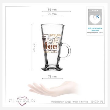 PLATINUX Latte-Macchiato-Glas Kaffeegläser mit Kaffee-Motiv, Glas, mit Griff Set 6-Teilig 200ml (max. 280ml) Glas Latte Macchiato Gläser