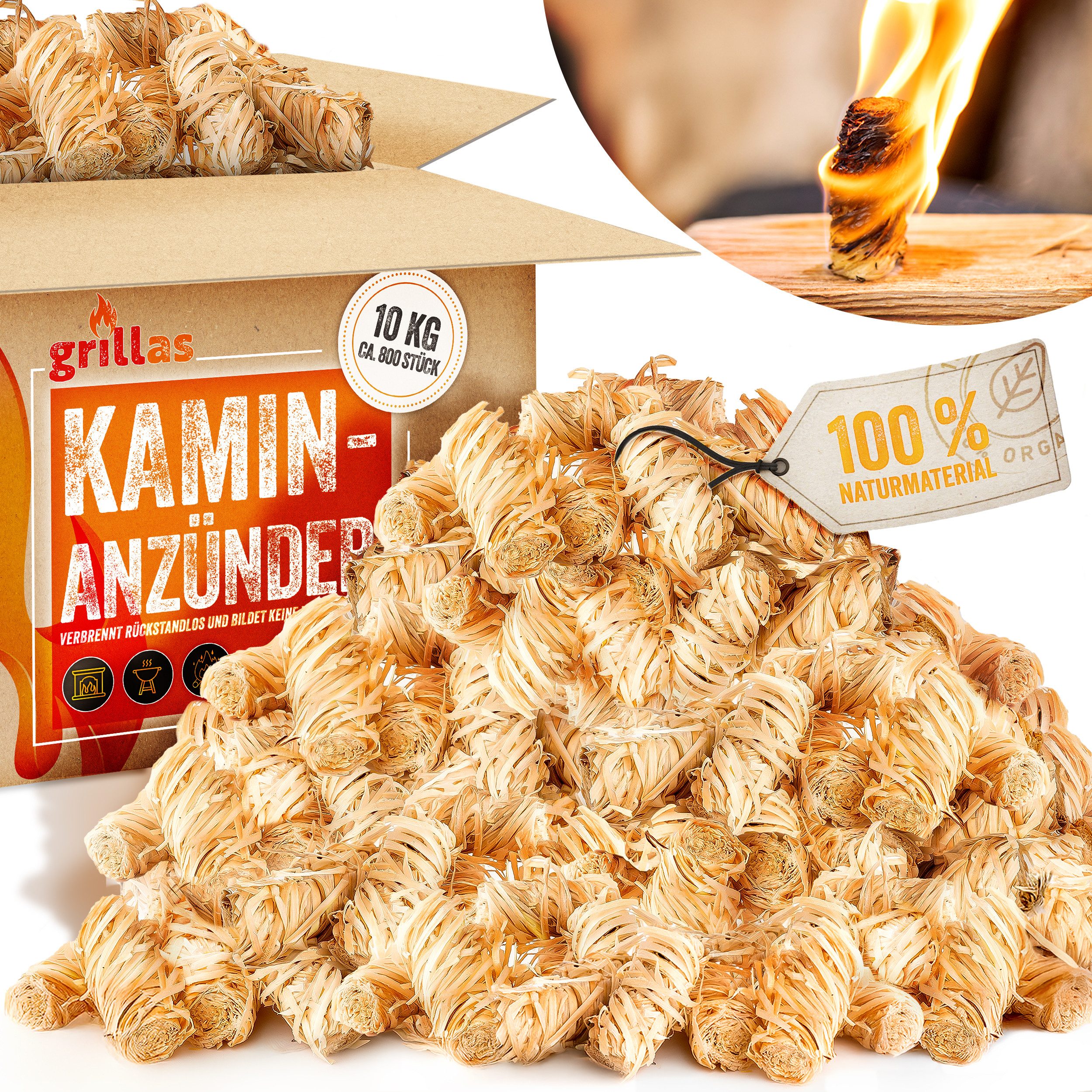 grillas Grillanzünder grillas® BIO Anzünder Kaminanzünder Holzwolle Grillanzünder Holz Feuer, 10 kg, (800-St), Rückstände