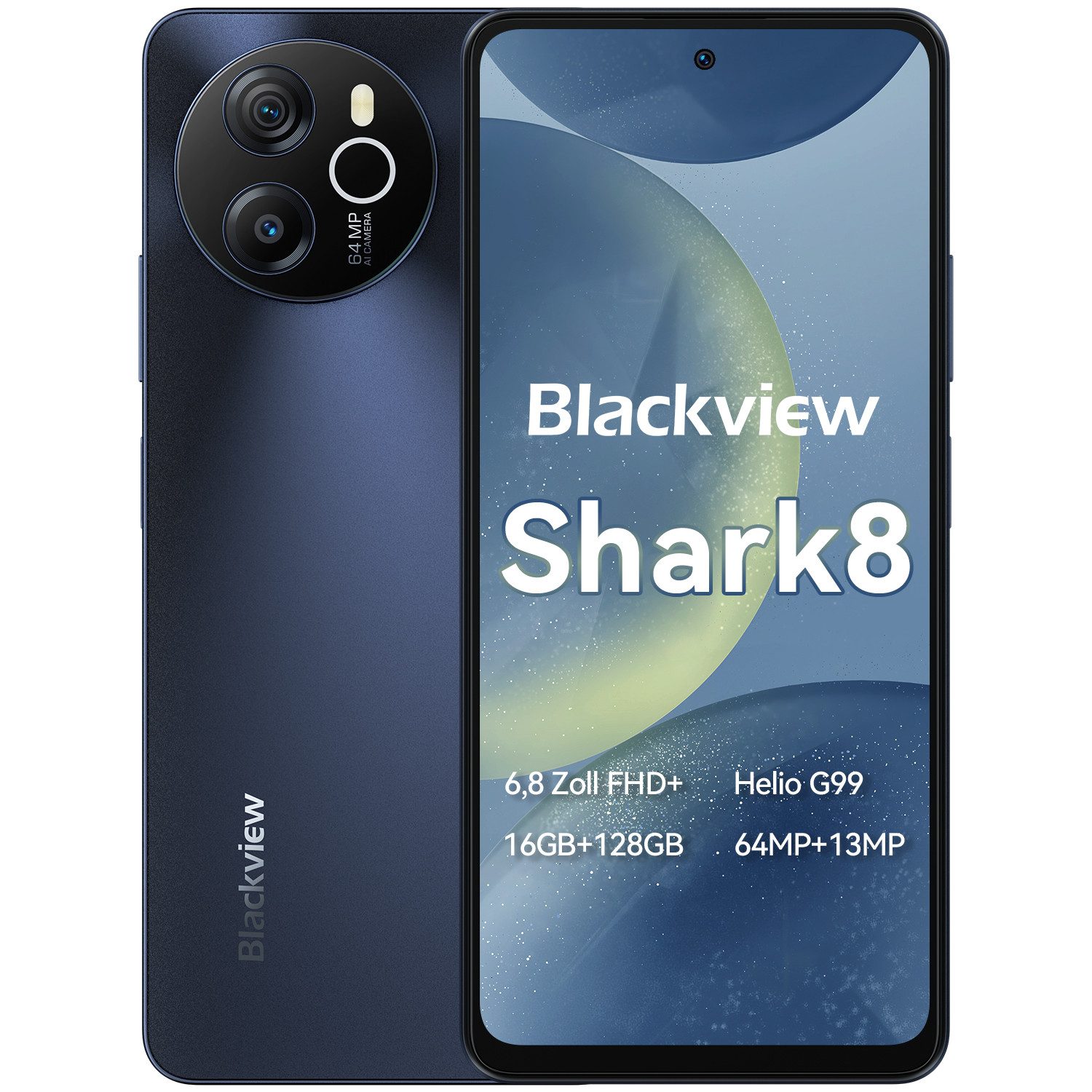 blackview Shark8 64MP,5000mAh,33W,AI Smartphone (6.8 Zoll, 64 MP Kamera, 2.4K Display, 64+13 MP, Helio G99, Dual 4G, NFC/Face ID, 120Hz, 6.78)