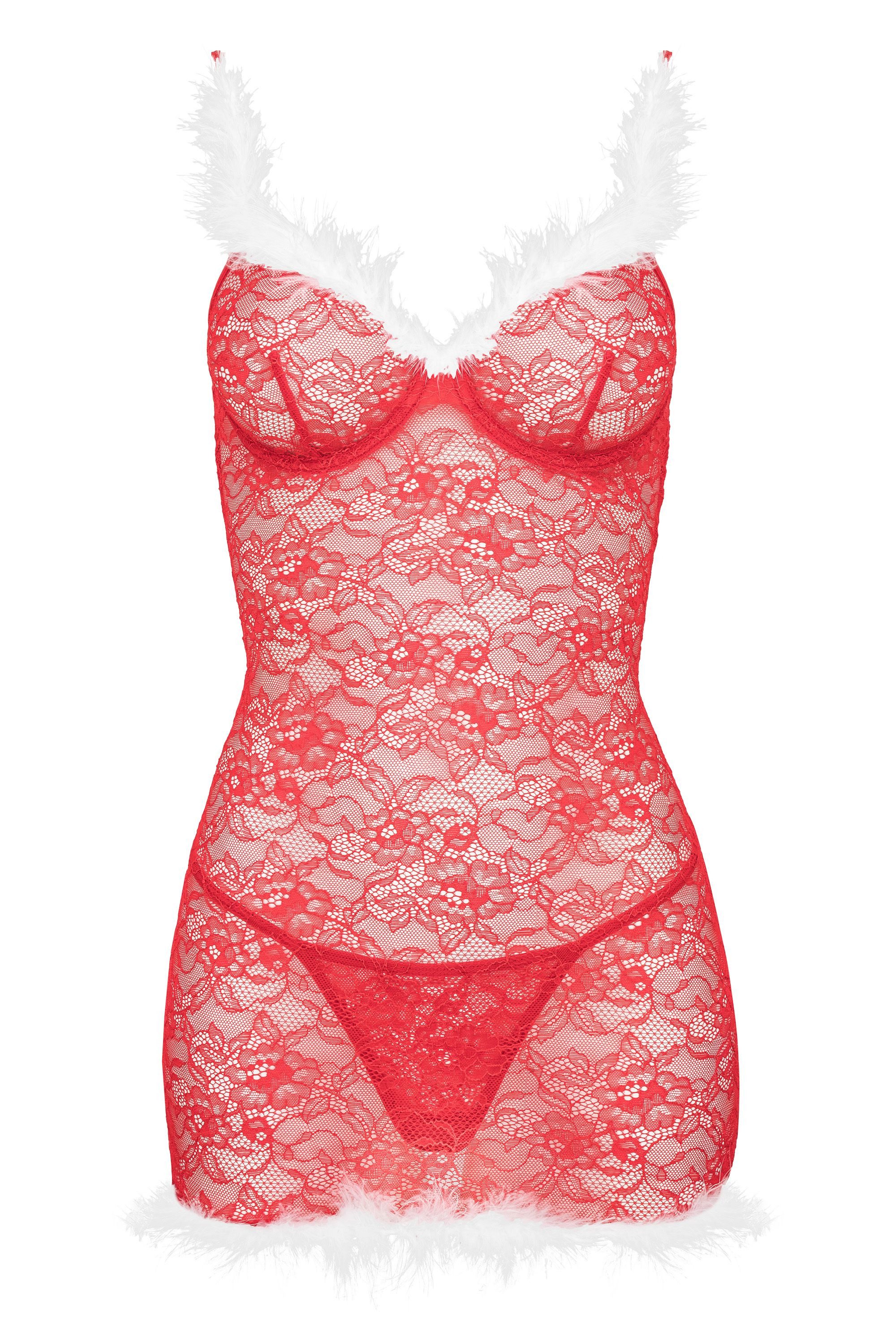 KOTEK Negligé Weihnachts-Babydoll Kristinella rot-weiß mit String (2-tlg)