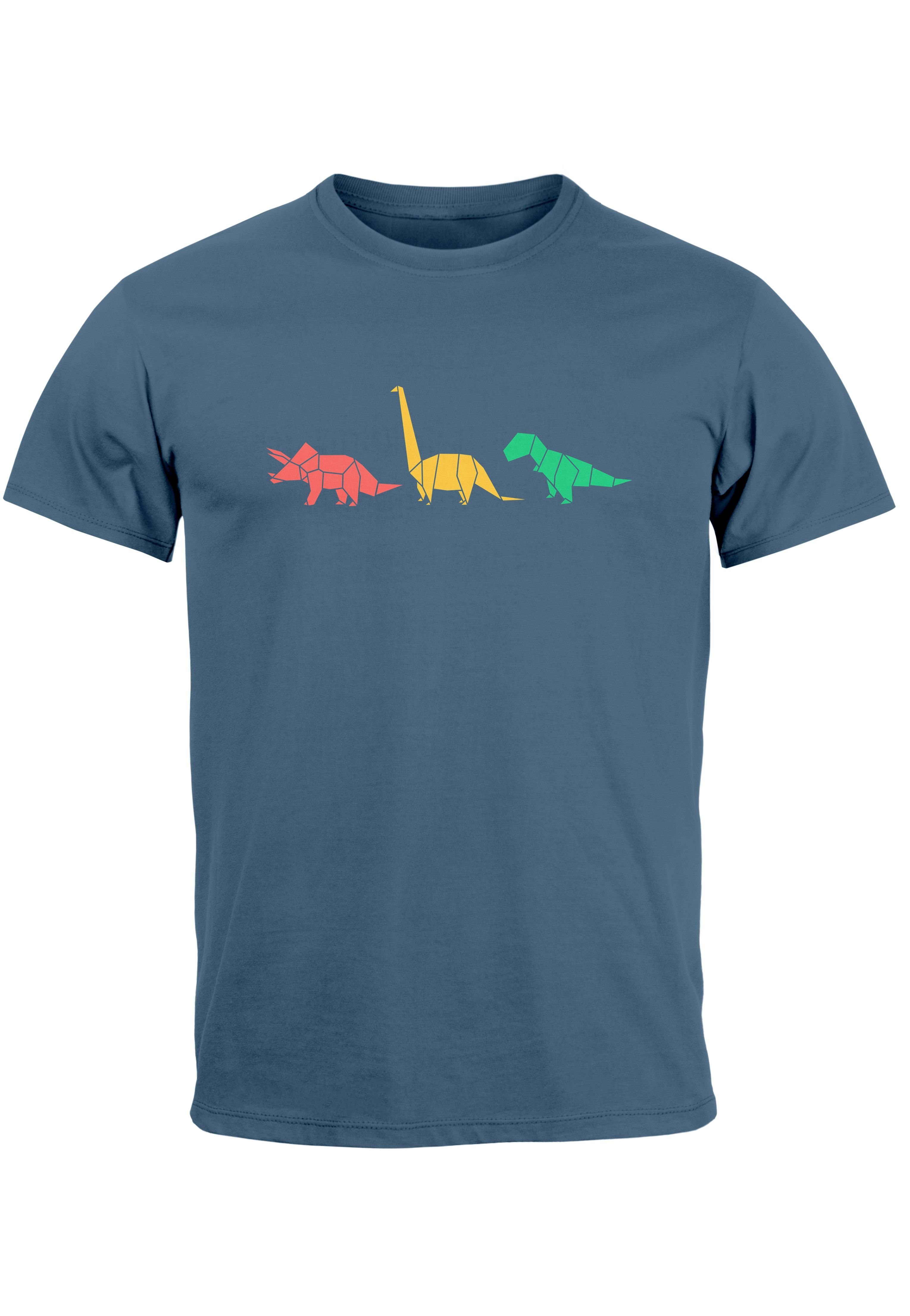 Polygon Tiere blue Neverless Print Geometric mit Aufdruck Dinosaurier Fash Herren Print Print-Shirt T-Shirt denim