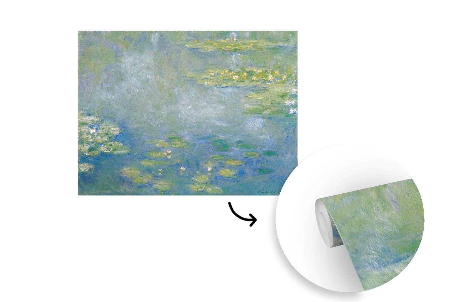 Matt, - Wohnzimmer, Seerosen von Wandtapete Vinyl St), Claude für Gemälde Monet, MuchoWow Tapete Montagefertig Fototapete bedruckt, (5