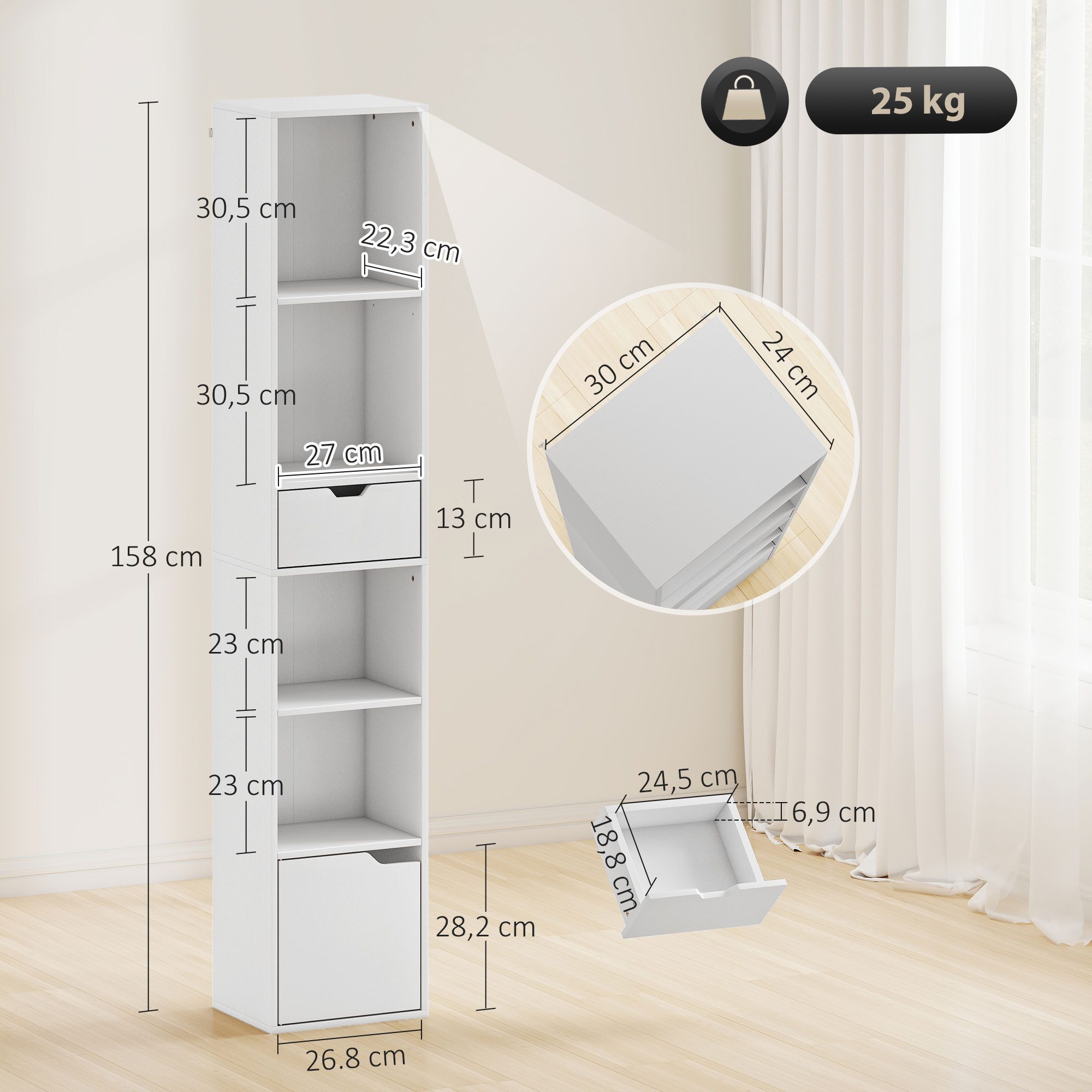 HOMCOM Bücherregal anpassbares Regal, Standregale 1-tlg., für Wohnzimmer, Büro, Weiß
