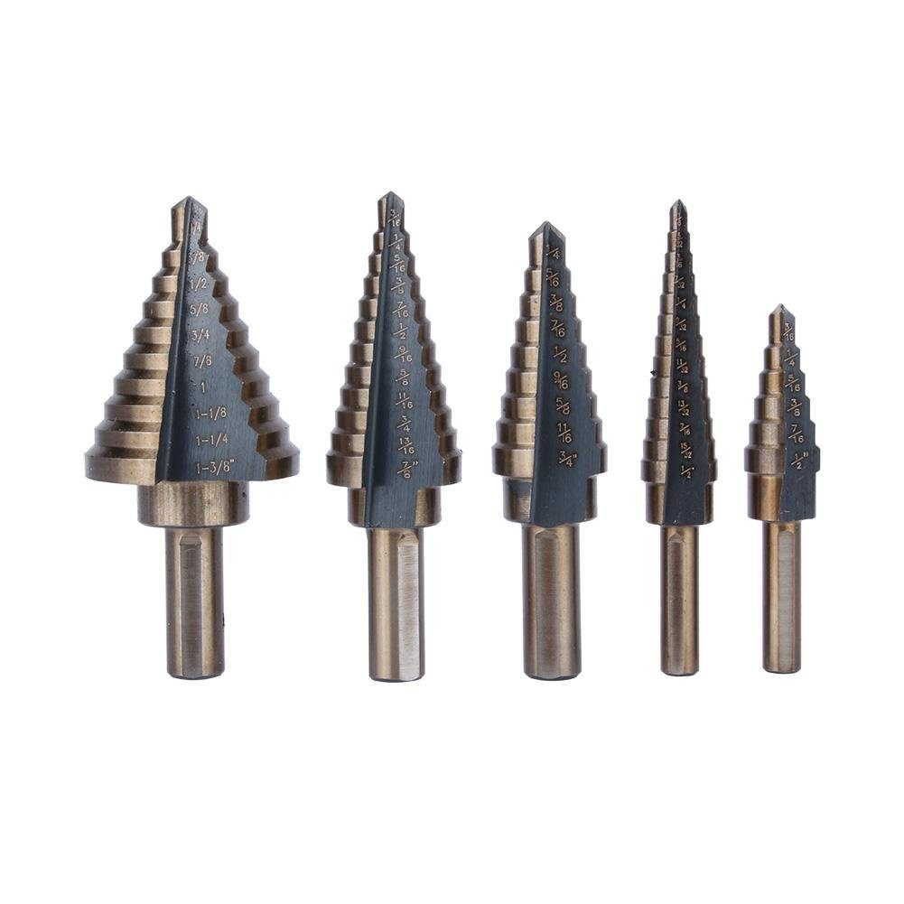 BlingBin Metallbohrer 5-teiliges Stufenbohrer-Set, HSS-Kobalt-Titan-Stufenbohrer, (1er Set, 5-tlg., 5tlg), Hochgeschwindigkeits-Stufenbohrer, mit 50 verschiedenen Lochgrößen