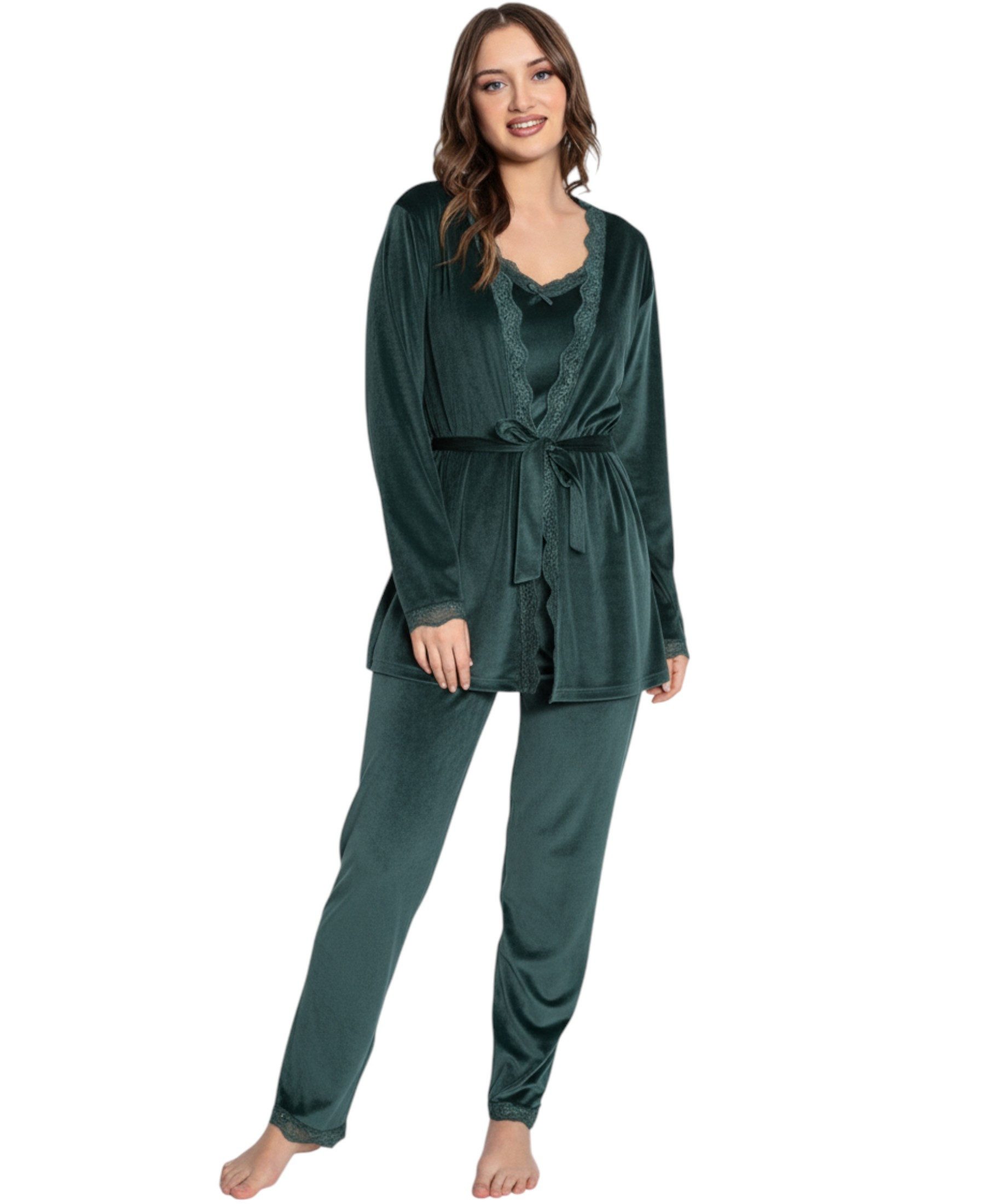 fashionshowcase Hausanzug 3 teiliger Pyjama Schlafanzug mit Morgenmantel 100% Samt