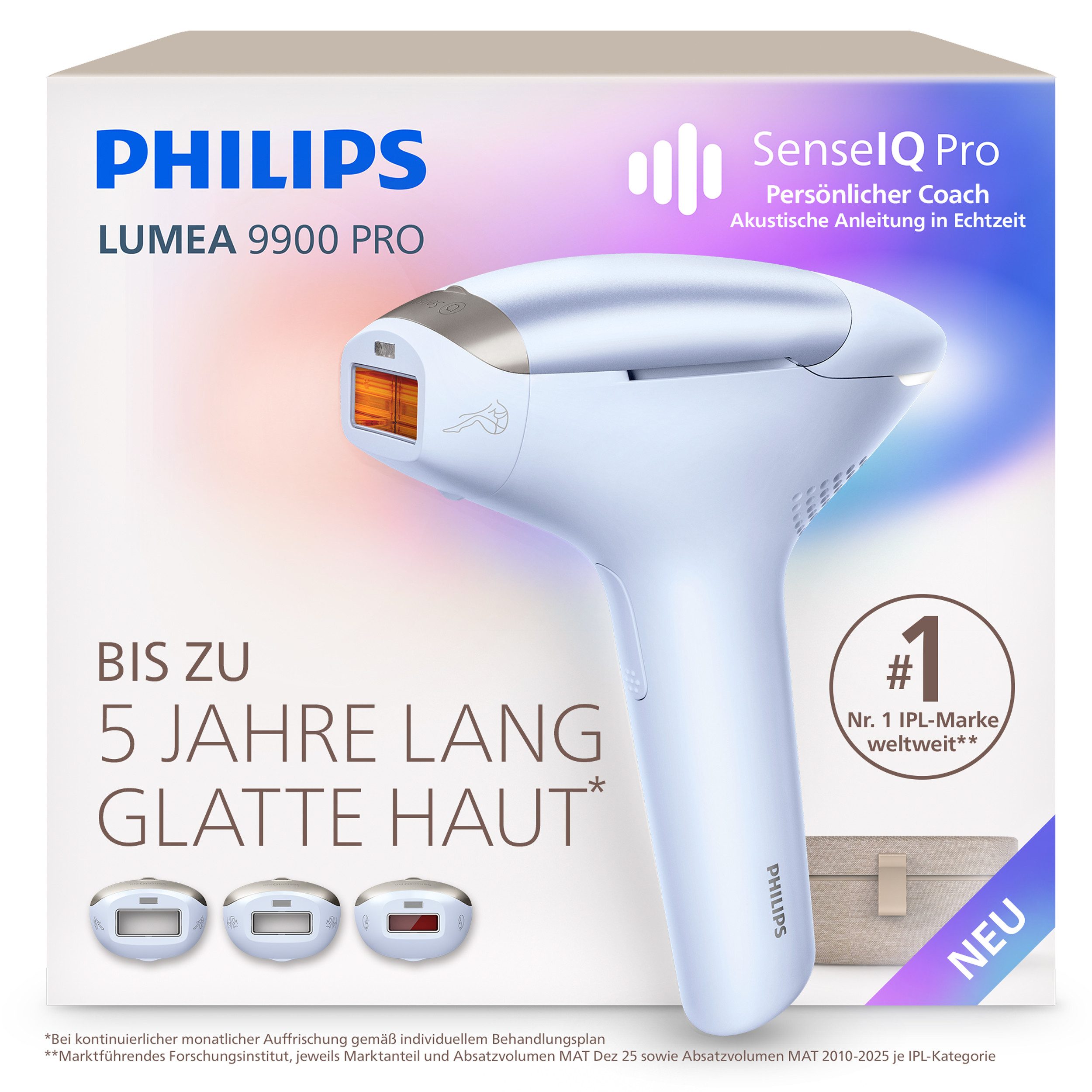 Philips IPL-Haarentferner Philips Lumea Series 9900 Pro BRC333/00, 3 Aufsätze (Körper, Gesicht, empfindliche Bereiche), Audioführung