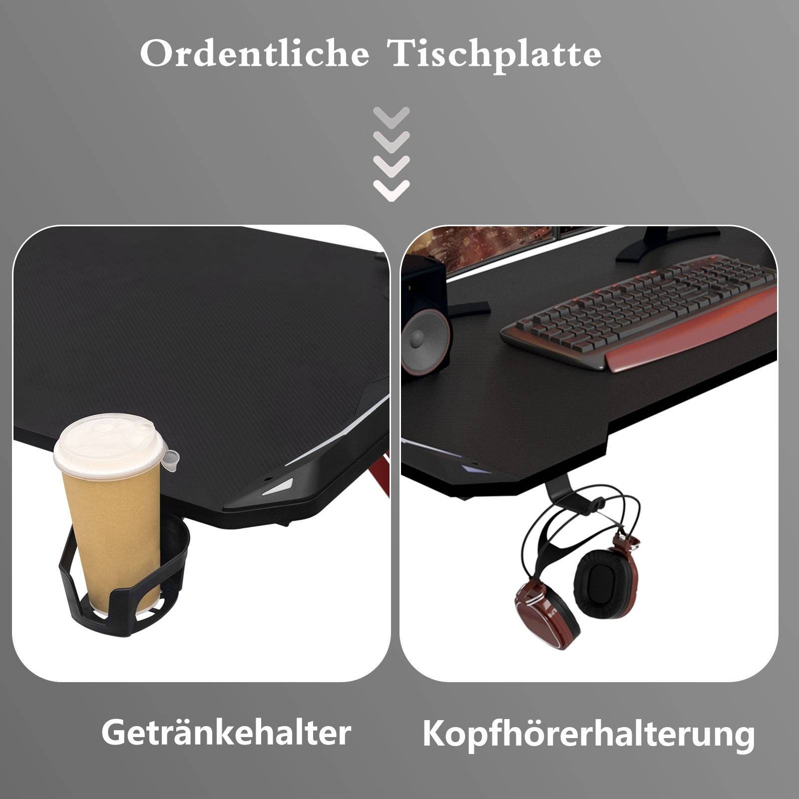 (1-St), Woltu mit Beleuchtung Gamingtisch Ergonomisch Kabelbox, LED RGB Schwarz mit