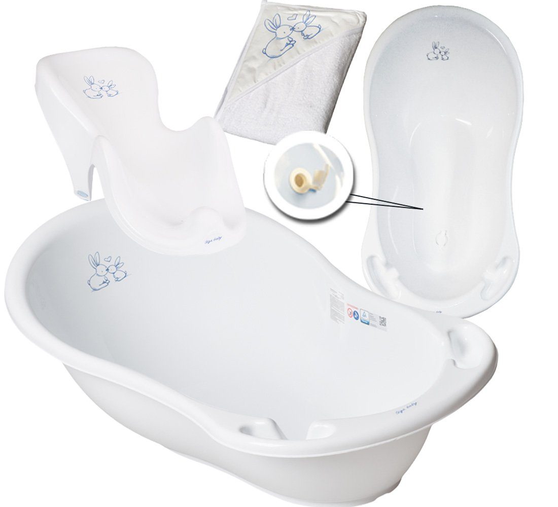 **BABYBADEWANNE 84 Teile-Set/Tuch Tega-Baby Europe), Teile 3 BABYBADESITZ in cm, Baby – BADETUCH** (3 Badeset + Kaninchen Made SET/TUCH + Wanne Babybadewanne Weiss -