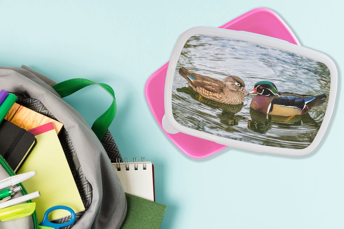 Vögel Mädchen, - Wasser Ente MuchoWow - (2-tlg), Kunststoff für - rosa Federn - Lunchbox Erwachsene, Brotdose Kinder, Kunststoff, Snackbox, Tiere, Brotbox