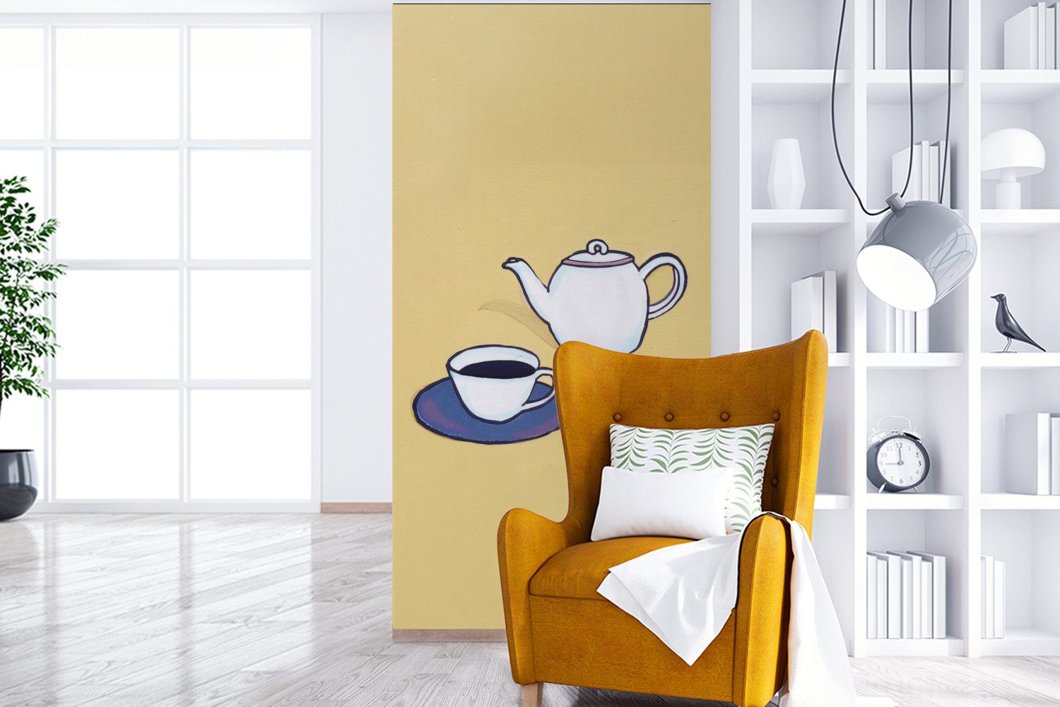 MuchoWow Fototapete Teekanne - Tasse - Beige - Illustration, Matt, bedruckt, Vliestapete für Wohnzimmer Schlafzimmer Küche, Fototapete, 120x240 cm