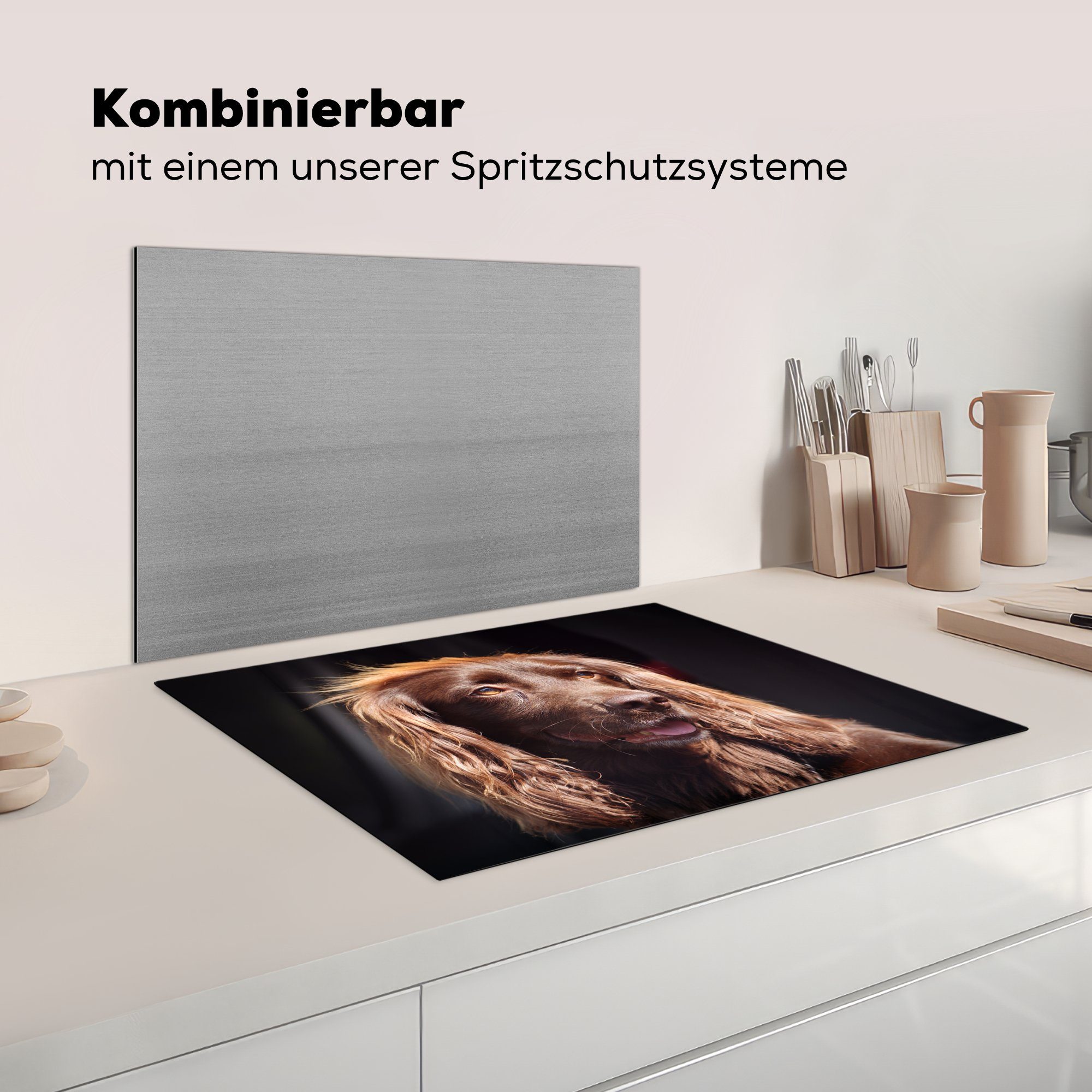 Vinyl, Arbeitsfläche Cockerspaniel, Herdblende-/Abdeckplatte (1 englischer MuchoWow beleuchteter 70x52 nutzbar, cm, Ceranfeldabdeckung von der Sonne Ein tlg), Mobile