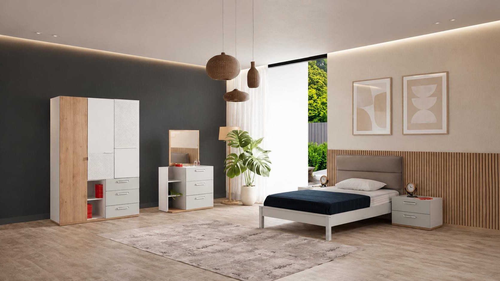 Xlmoebel Kleiderschrank Graues, modernes Jugendzimmer Bett Kleiderschrank Kommode Nachttische (Jugendzimmer-Set, 5-St., 5-tlg)