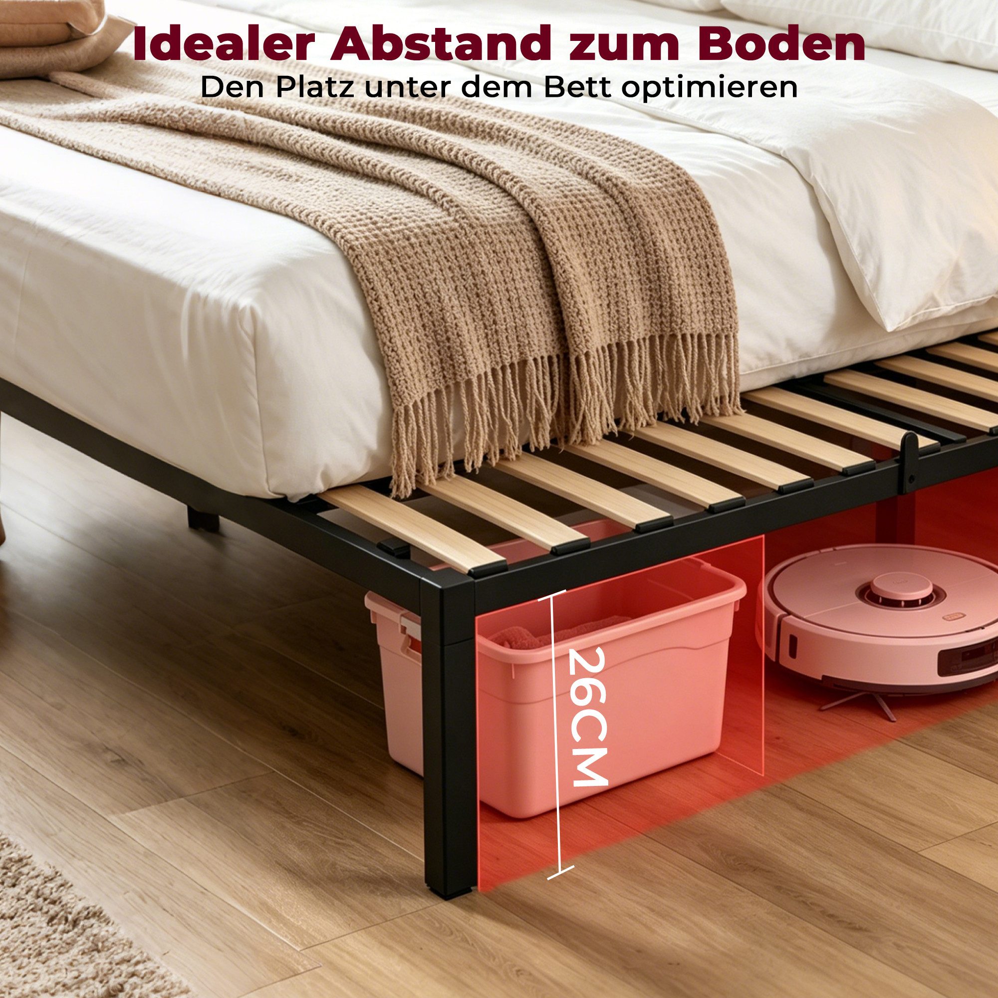 GLIESE Einzelbett 90 x 200 cm Bettgestell (Metallbettgestell), mit Holzlatten, Leise, bodenschonende Pads