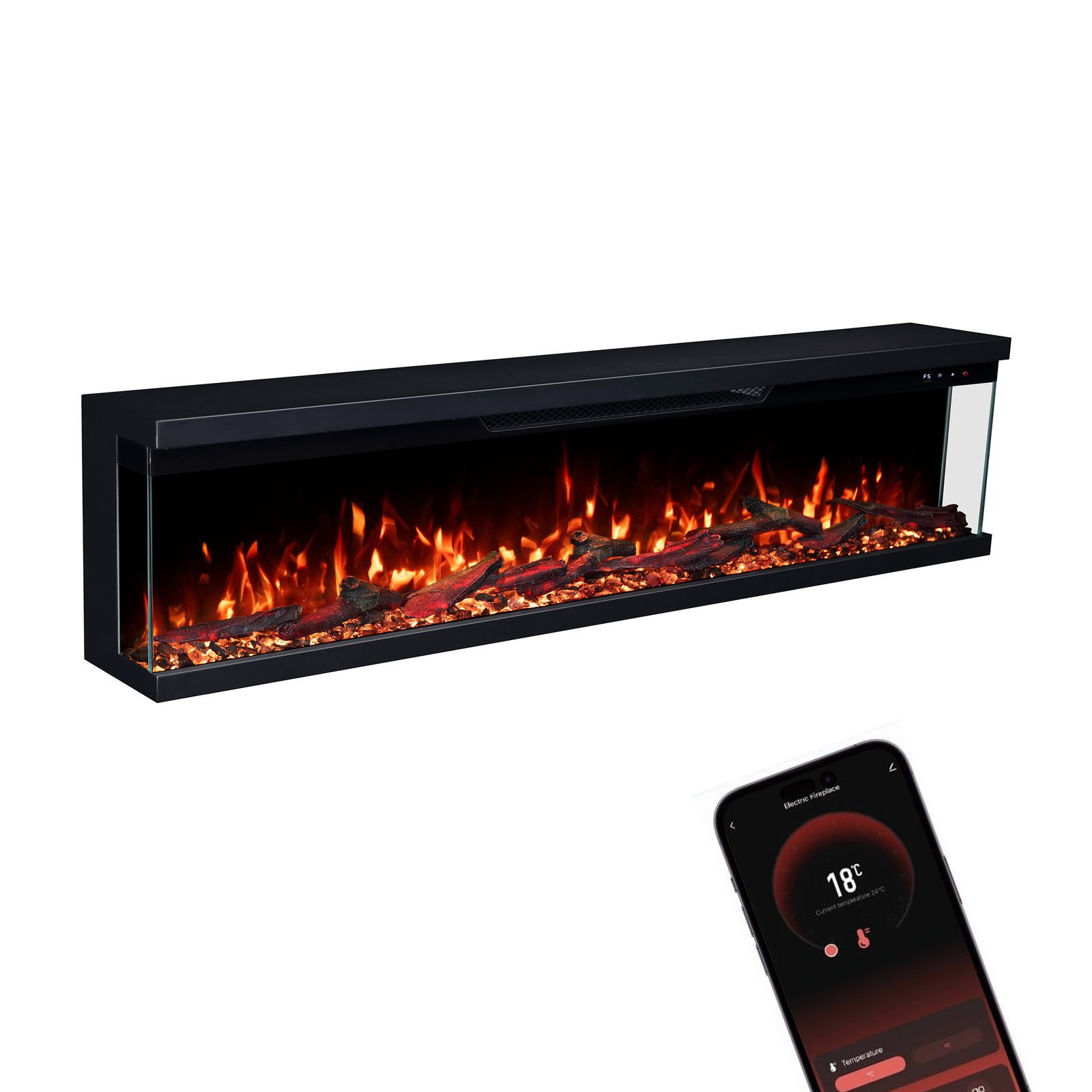 GF Core Elektrokamin Insert Wandkamin mit 3D Feuer und Heizung (Thermostat, 900- 1800 W), Elektrischer Stand-, Wand- oder Einbaukamin mit APP Steuerung, LED – Bild 2 von 5