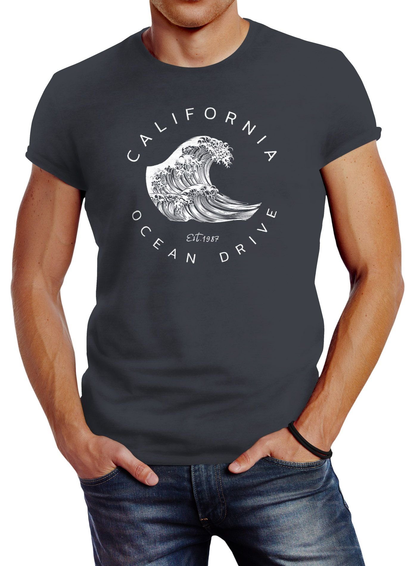 Slim Fit Welle Neverless Neverless® Drive Surf Herren Ocean Summer Print-Shirt Print Wave mit California grau T-Shirt