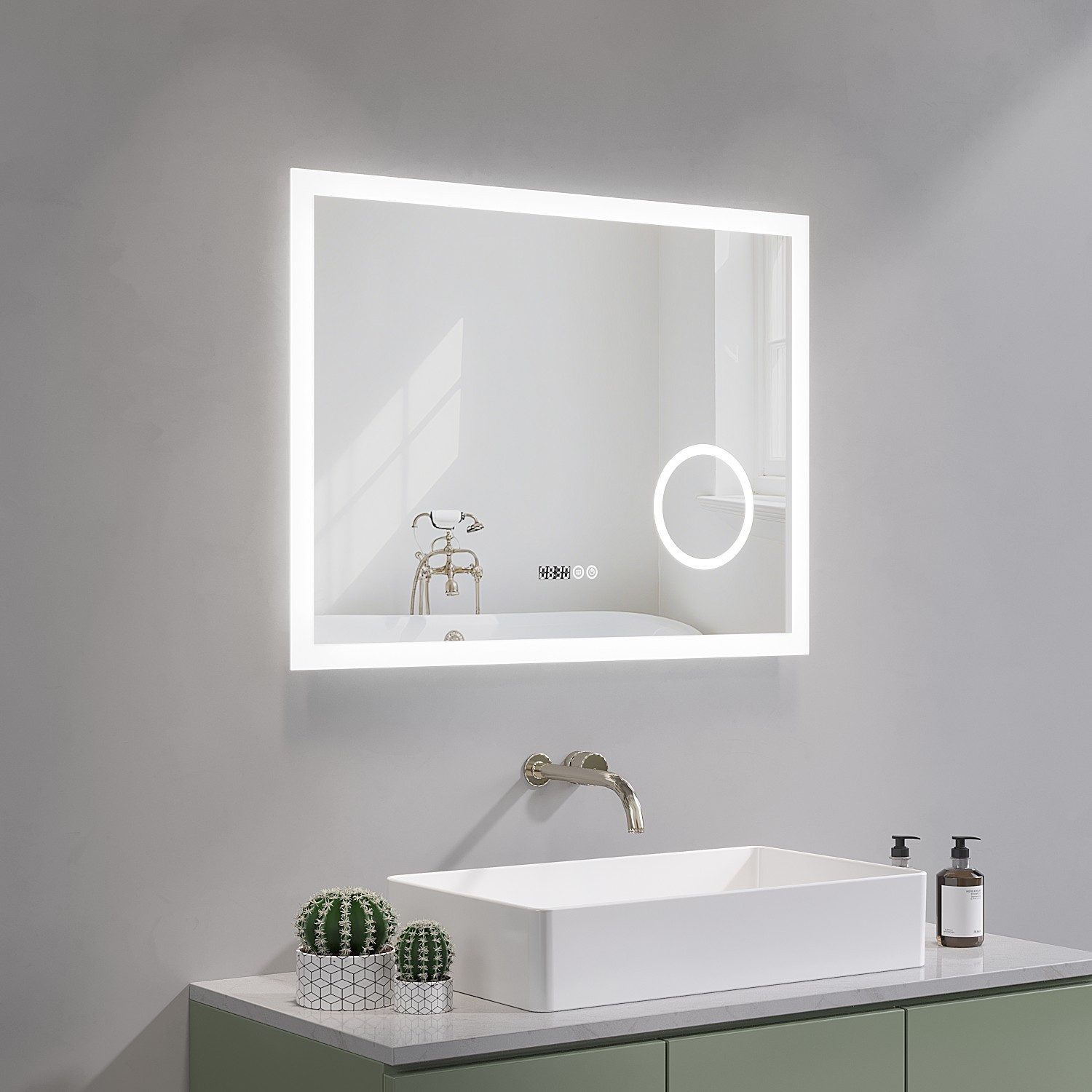 AQUABATOS LED-Lichtspiegel Led Spiegel mit Beleuchtung Badspiegel Badzimmerspiegel Wandspiegel, Digital Uhr Kosmetikspiegel Beschlagfrei Kaltweiß Rechteckige Ecken
