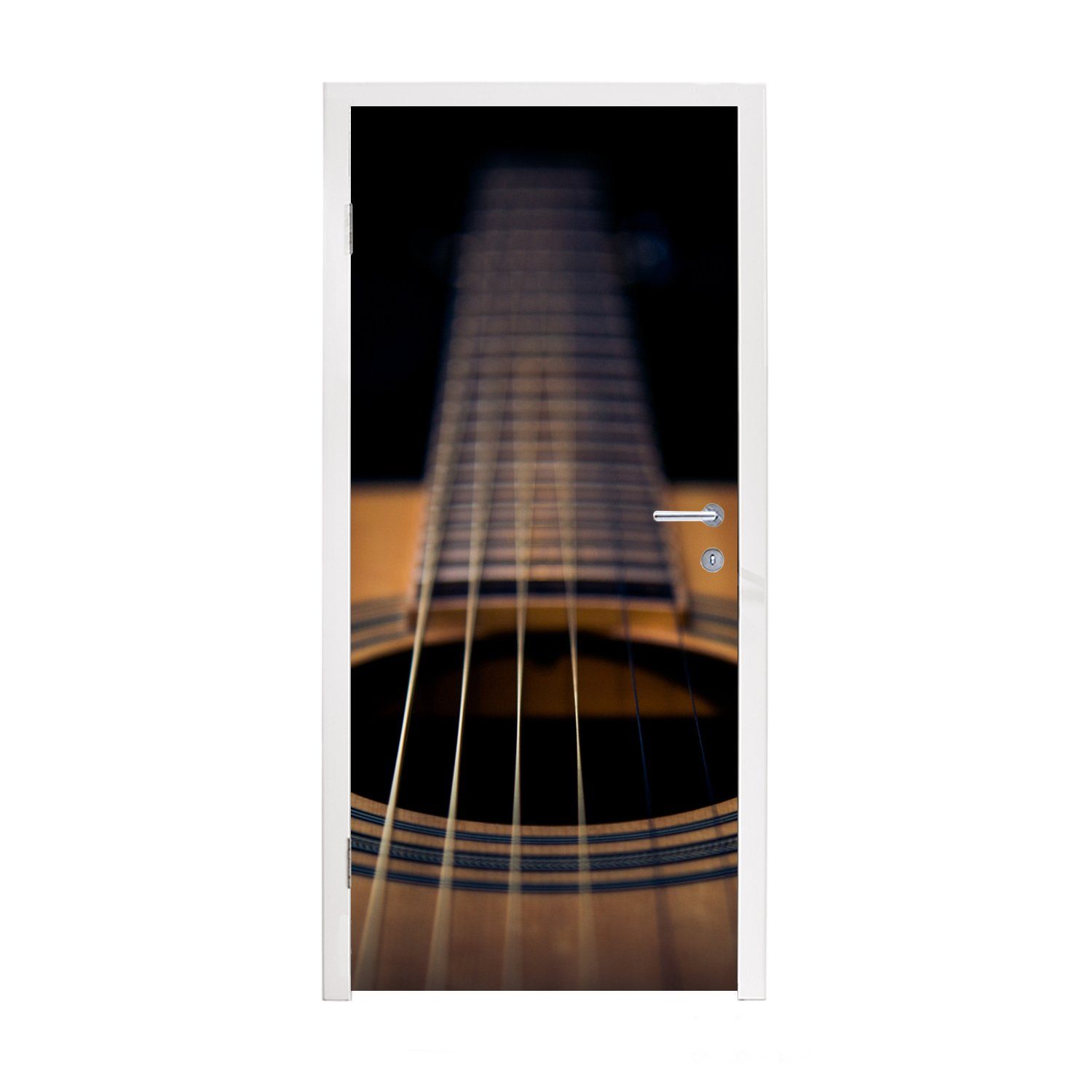 MuchoWow Türtapete Nahaufnahme einer akustischen Gitarre auf schwarzem Hintergrund, Matt, bedruckt, (1 St), Fototapete für Tür, Türaufkleber, 75x205 cm