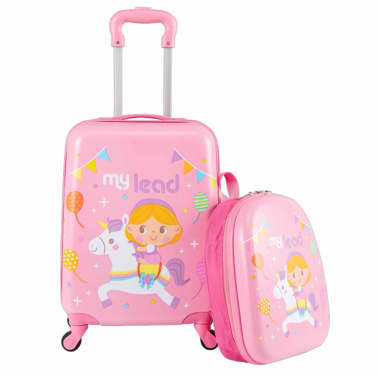 COSTWAY Kinderkoffer, 4 Rollen, 16" Handgepäck & 13" Hartschalen-Rucksack