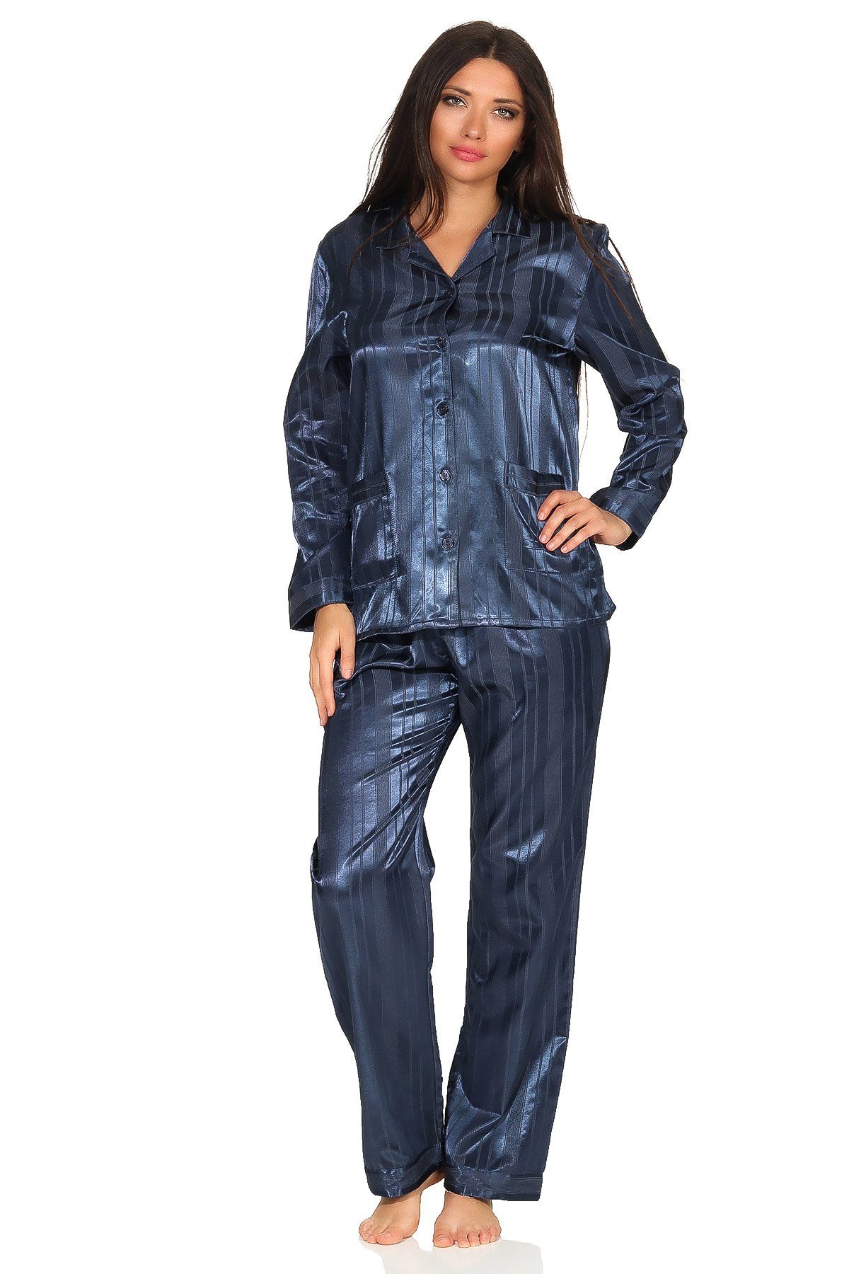 Normann Pyjama Satin Pyjama Streifendessin - innen angeraut 251 94 010 marine | Pyjamas