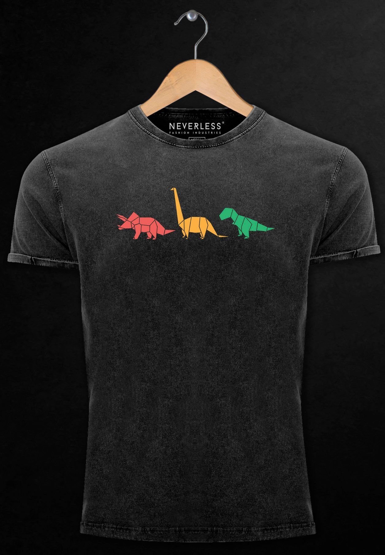 Vintage Neverless Aufdruck Tiere schwarz Polygon Geometric Dinosaurier mit Print Print-Shirt Herren Prin Shirt
