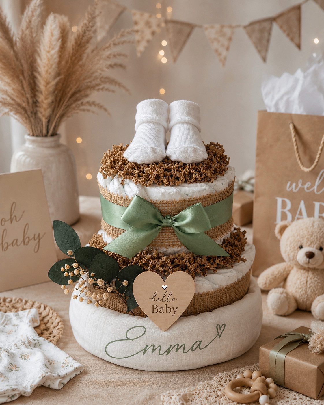 Neugeborenen-Geschenkset Windeltorte Boho mit Namen