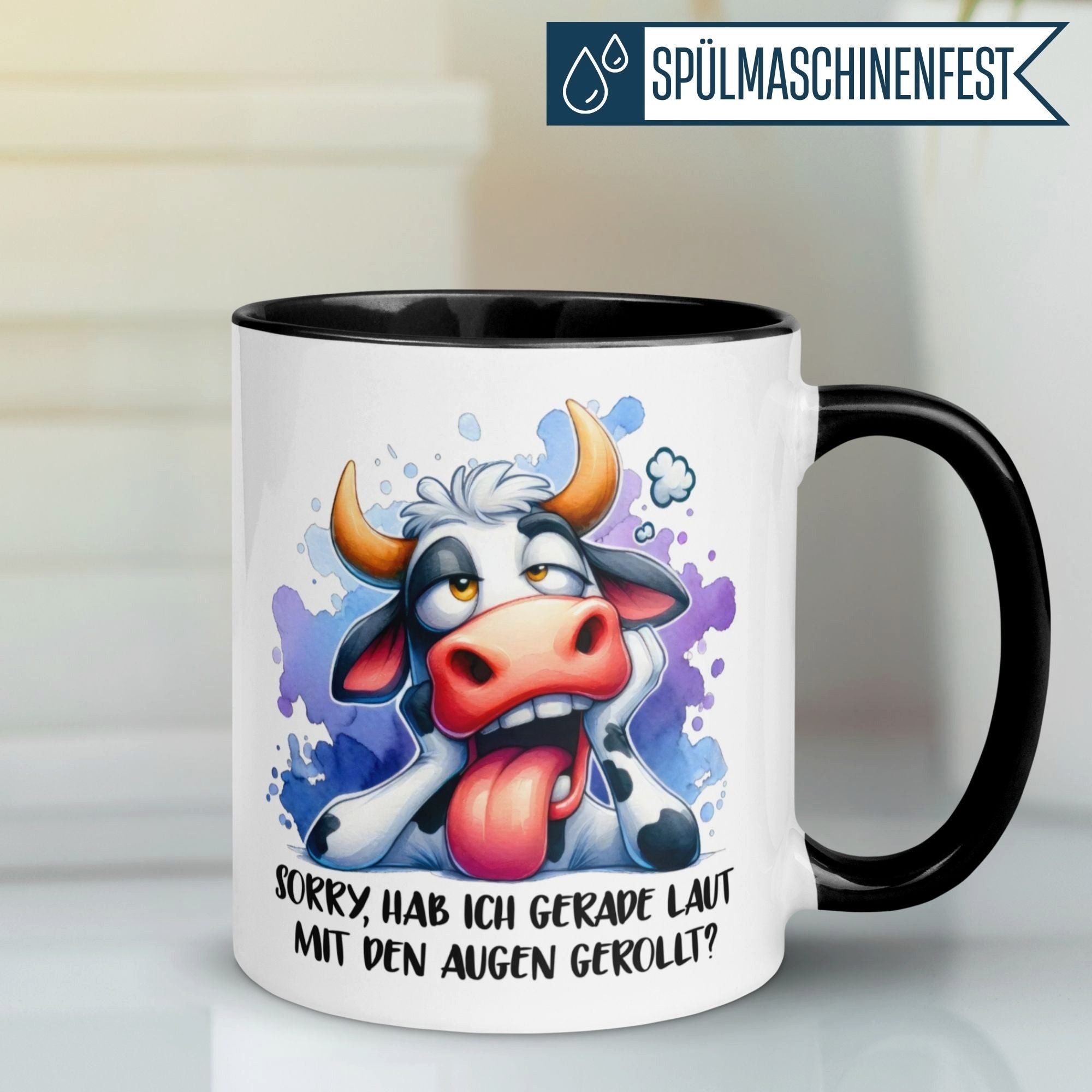 Momentals Tasse Kuh – Sorry hab ich gerade laut mit den Augen gerollt – Geschenk Büro, Gratis Versand · Links-&Rechtshänder · Spülmaschinenfest