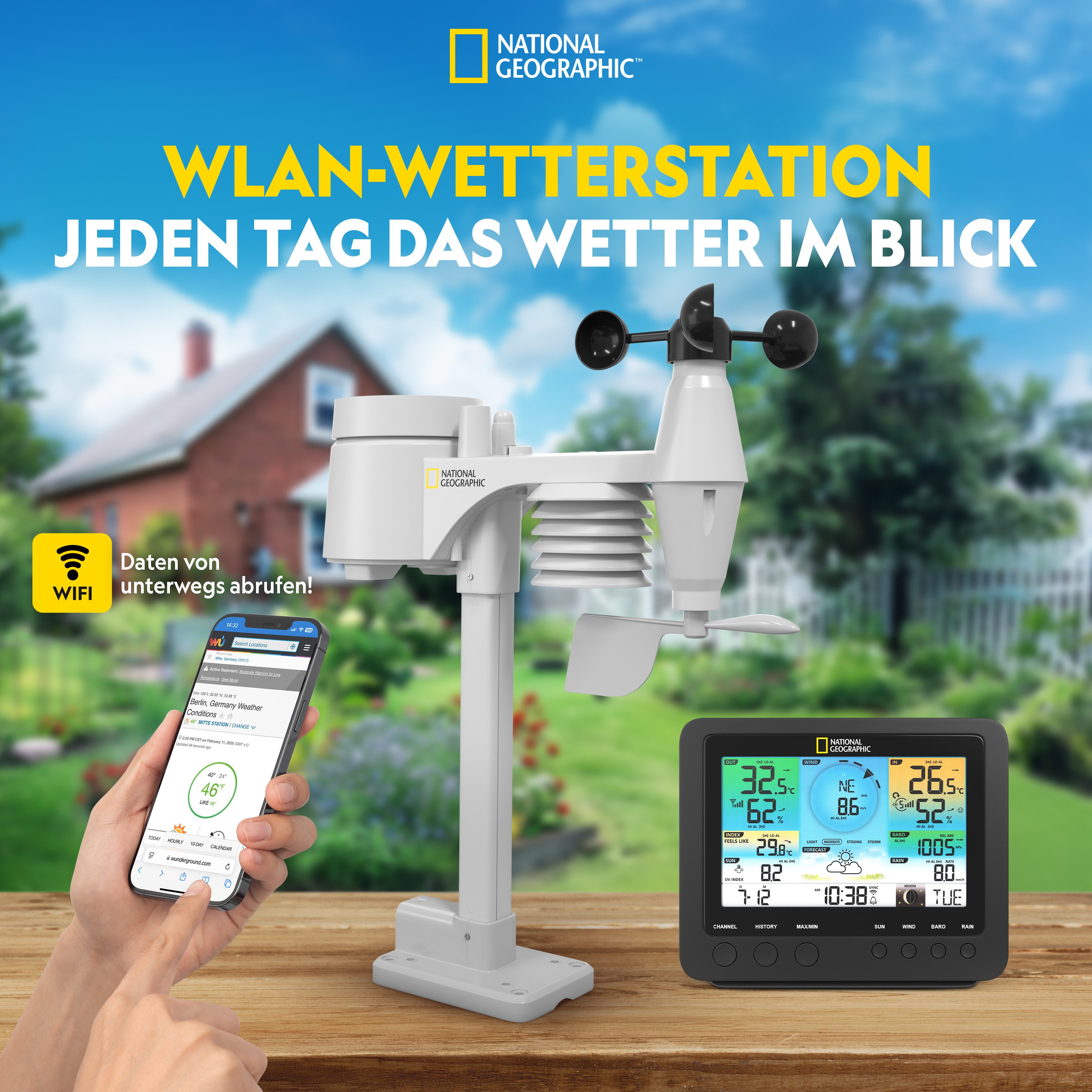 NATIONAL GEOGRAPHIC NATIONAL GEOGRAPHIC WLAN-Farbwetterstation mit 7-in-1-Profi-Sensor Wetterstation